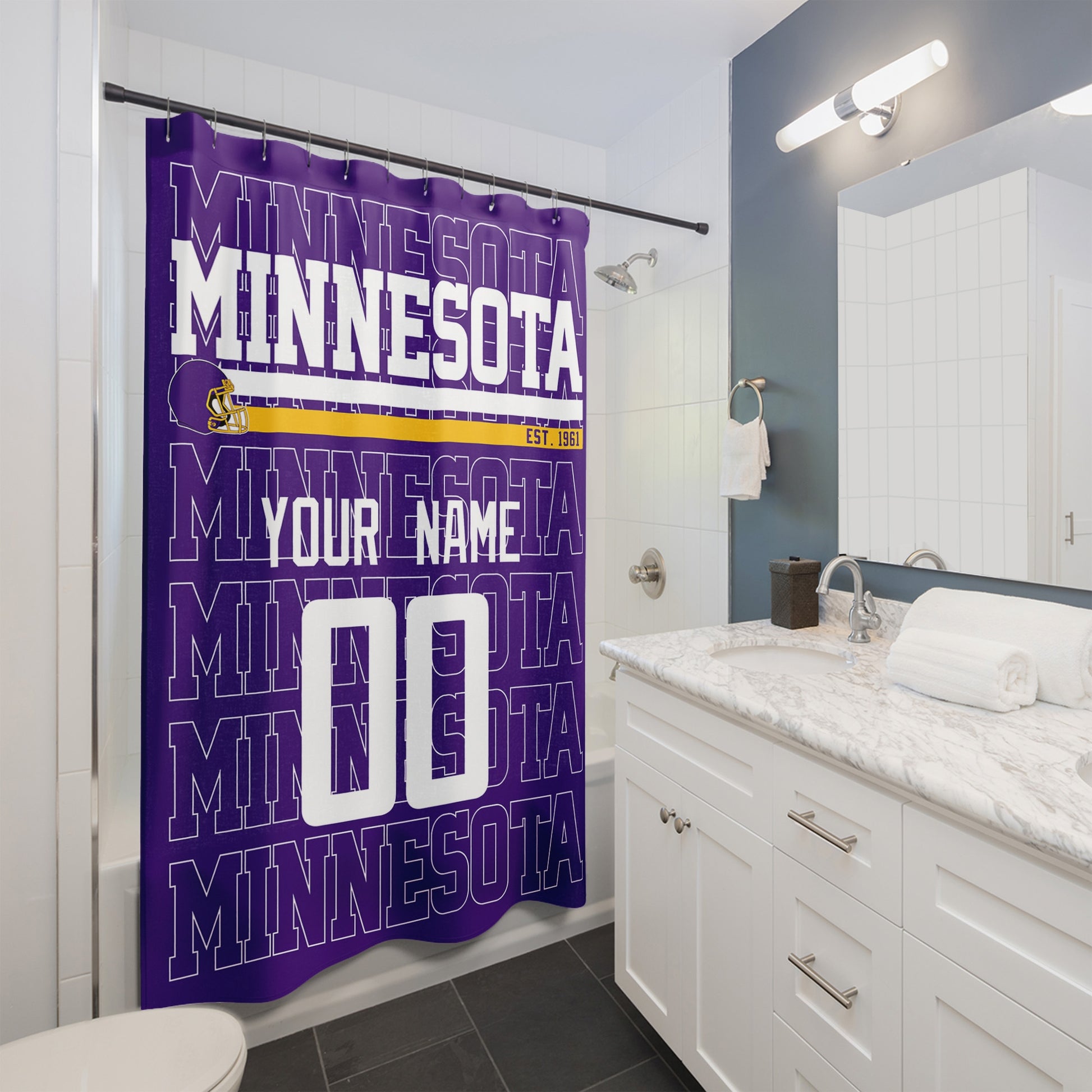 Personalized Minnesota football shower curtain with custom name and number hanging in a modern bathroom
