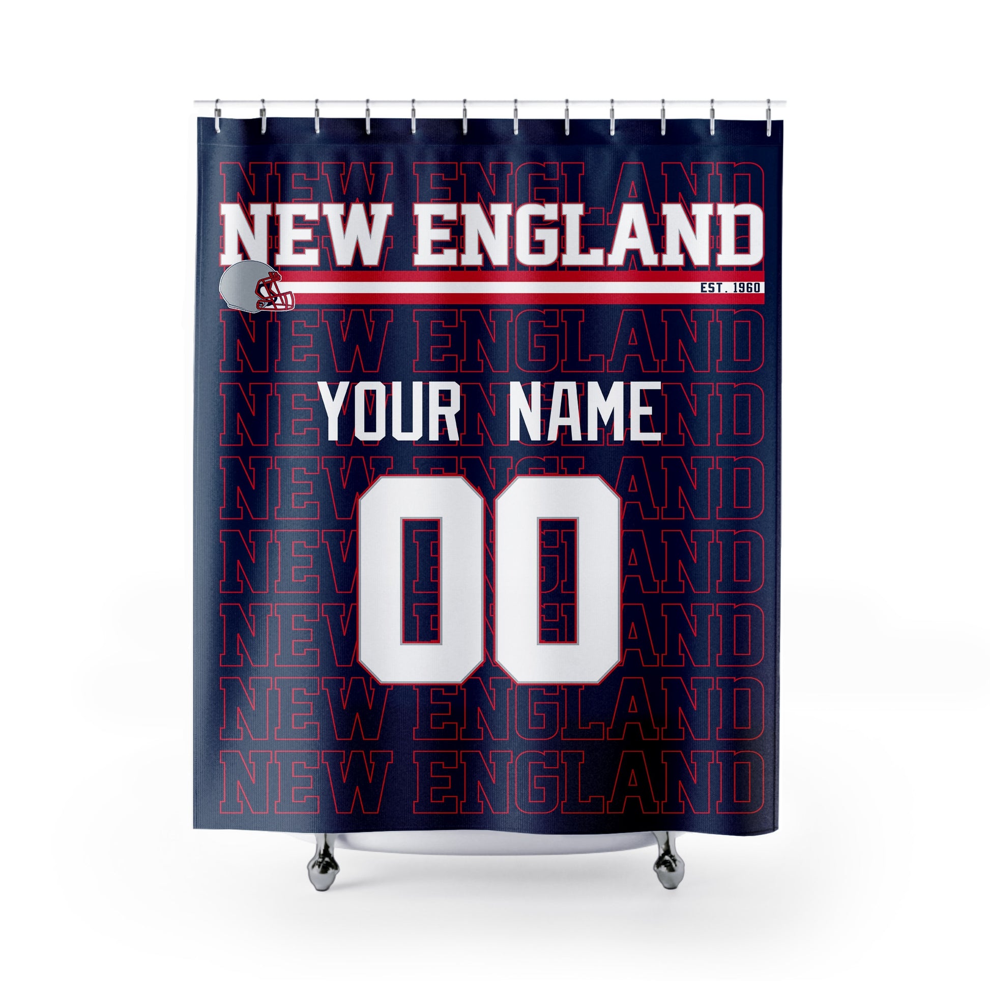 Personalized New England football shower curtain in navy red and white colors with custom name and number on a white background