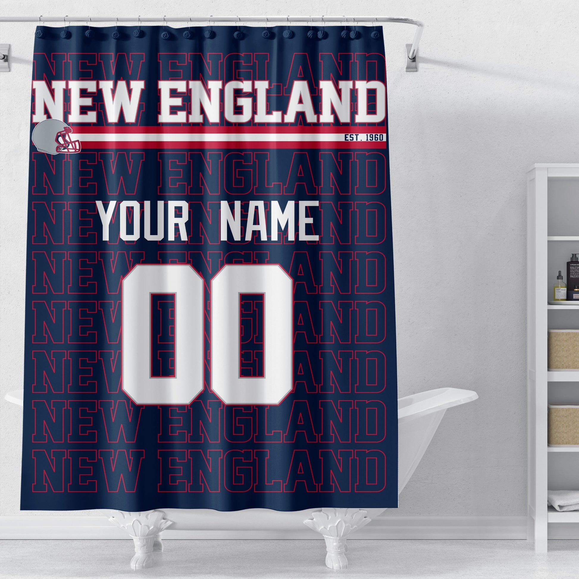 Personalized New England football shower curtain in navy red and white colors displayed above a bathtub