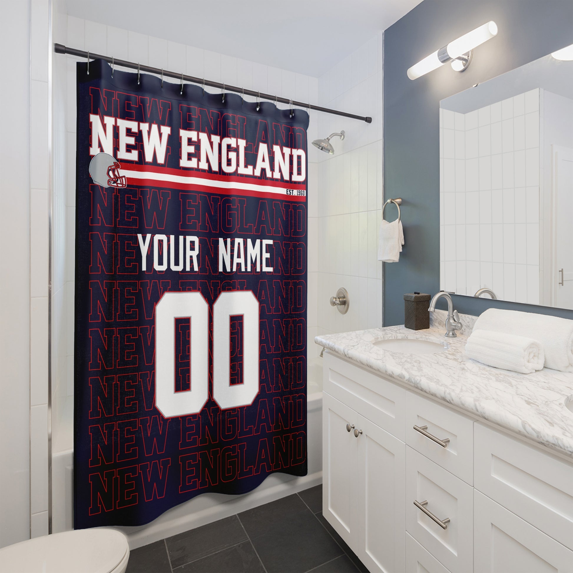Personalized New England football shower curtain with custom name and number hanging in a modern bathroom