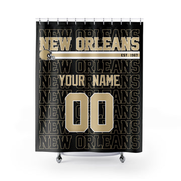 Personalized New Orleans football shower curtain in black gold and white colors with custom name and number on a white background