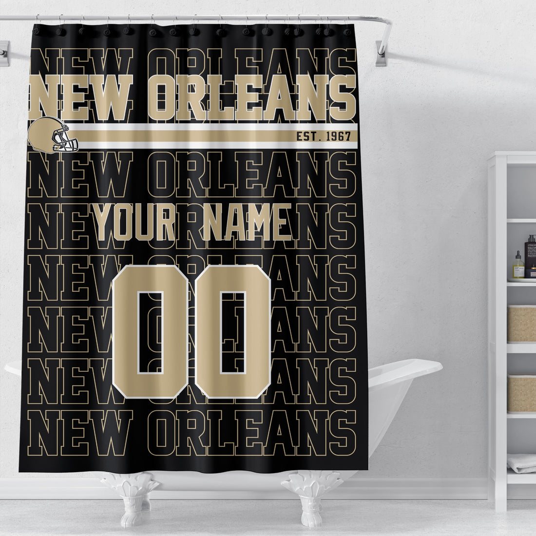Personalized New Orleans football shower curtain in black gold and white colors with custom name and number on a white background