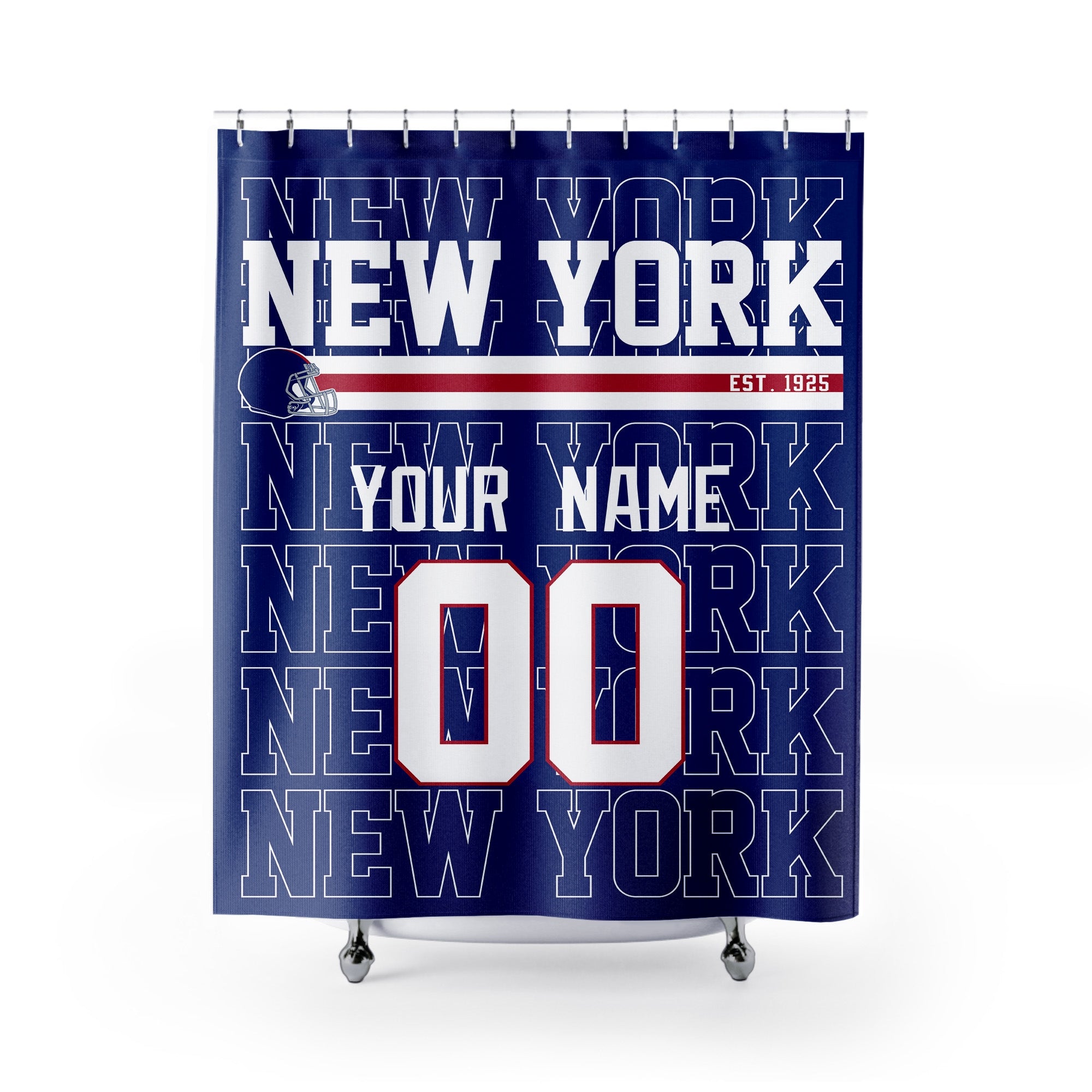 Personalized New York Blue and Red football shower curtain in royal blue red and white colors with custom name and number on a white background