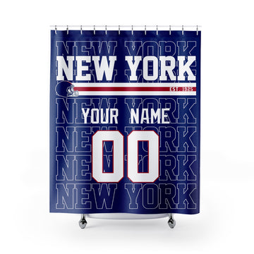 Personalized New York Blue and Red football shower curtain in royal blue red and white colors with custom name and number on a white background