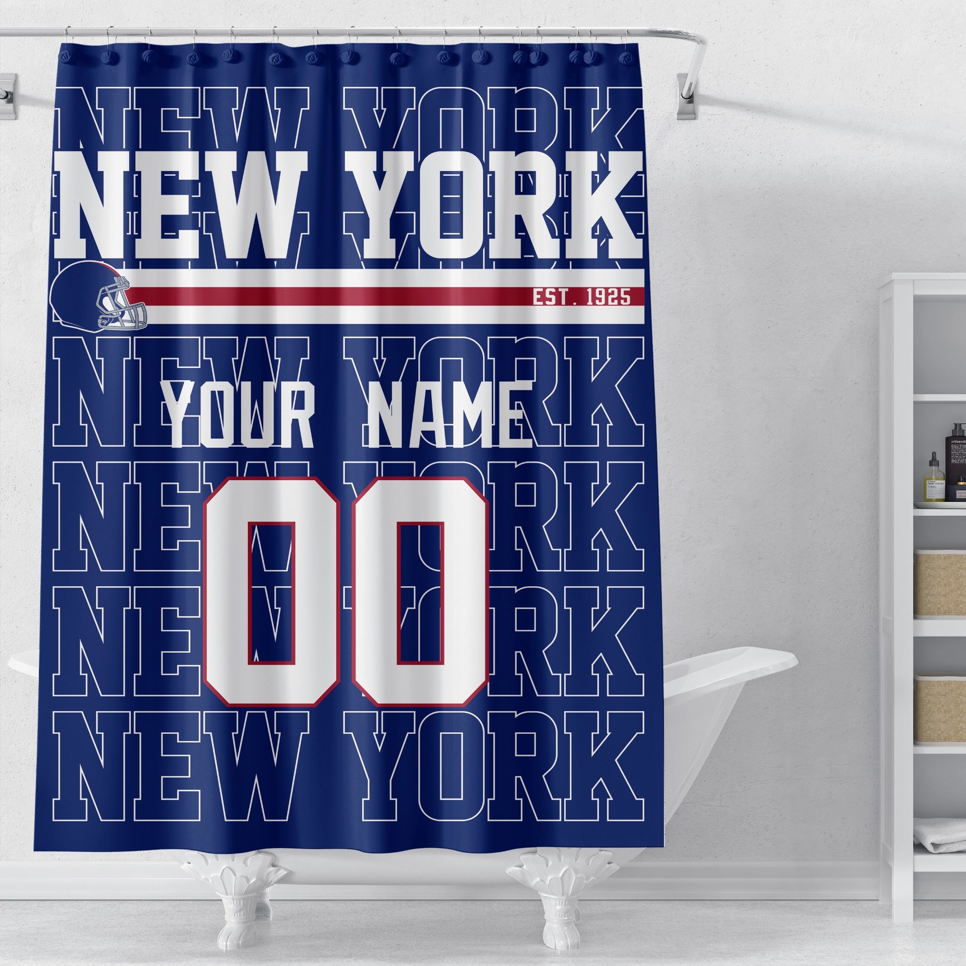 Personalized New York Blue and Red football shower curtain in royal blue red and white colors displayed above a bathtub