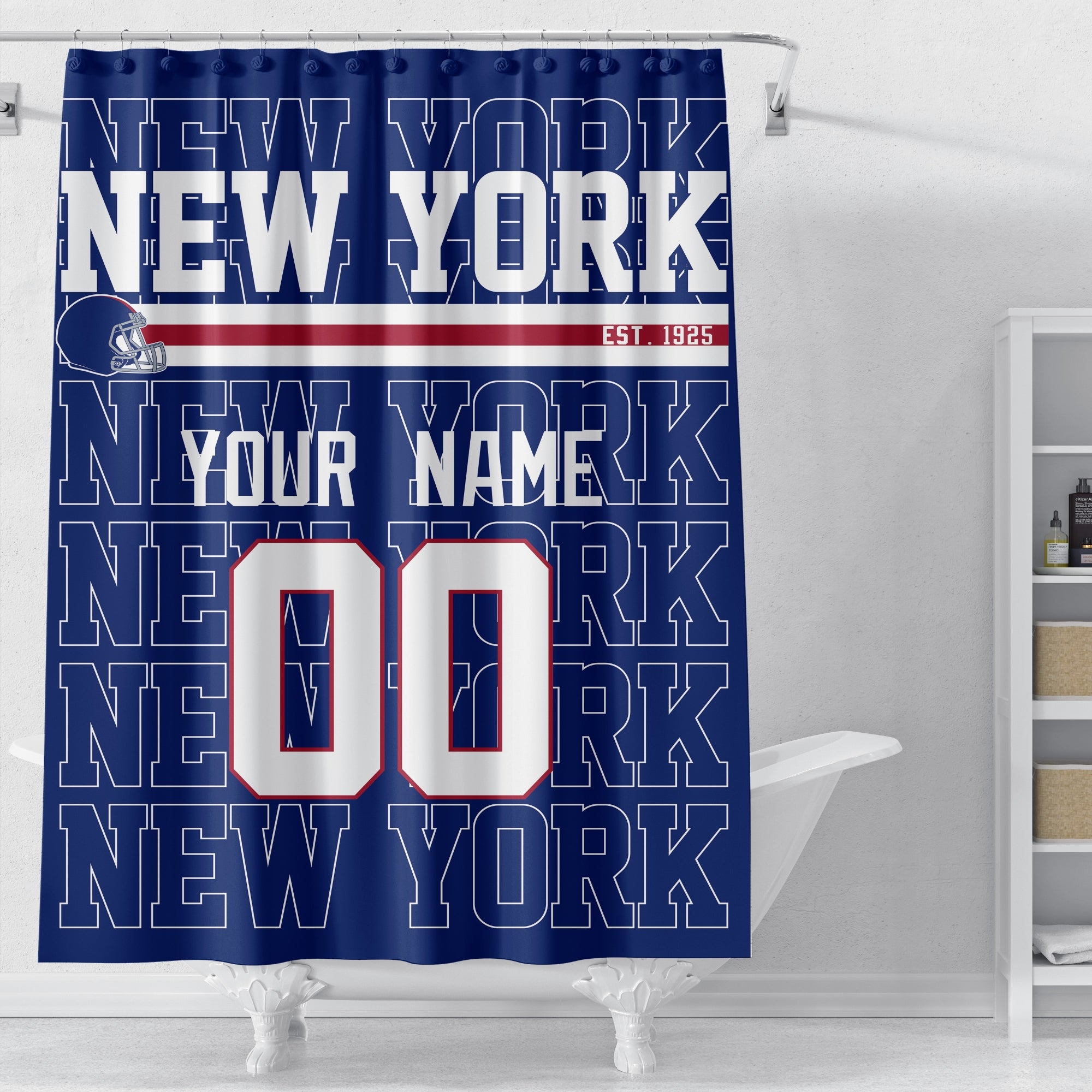 Personalized New York Blue and Red football shower curtain in royal blue red and white colors displayed above a bathtub
