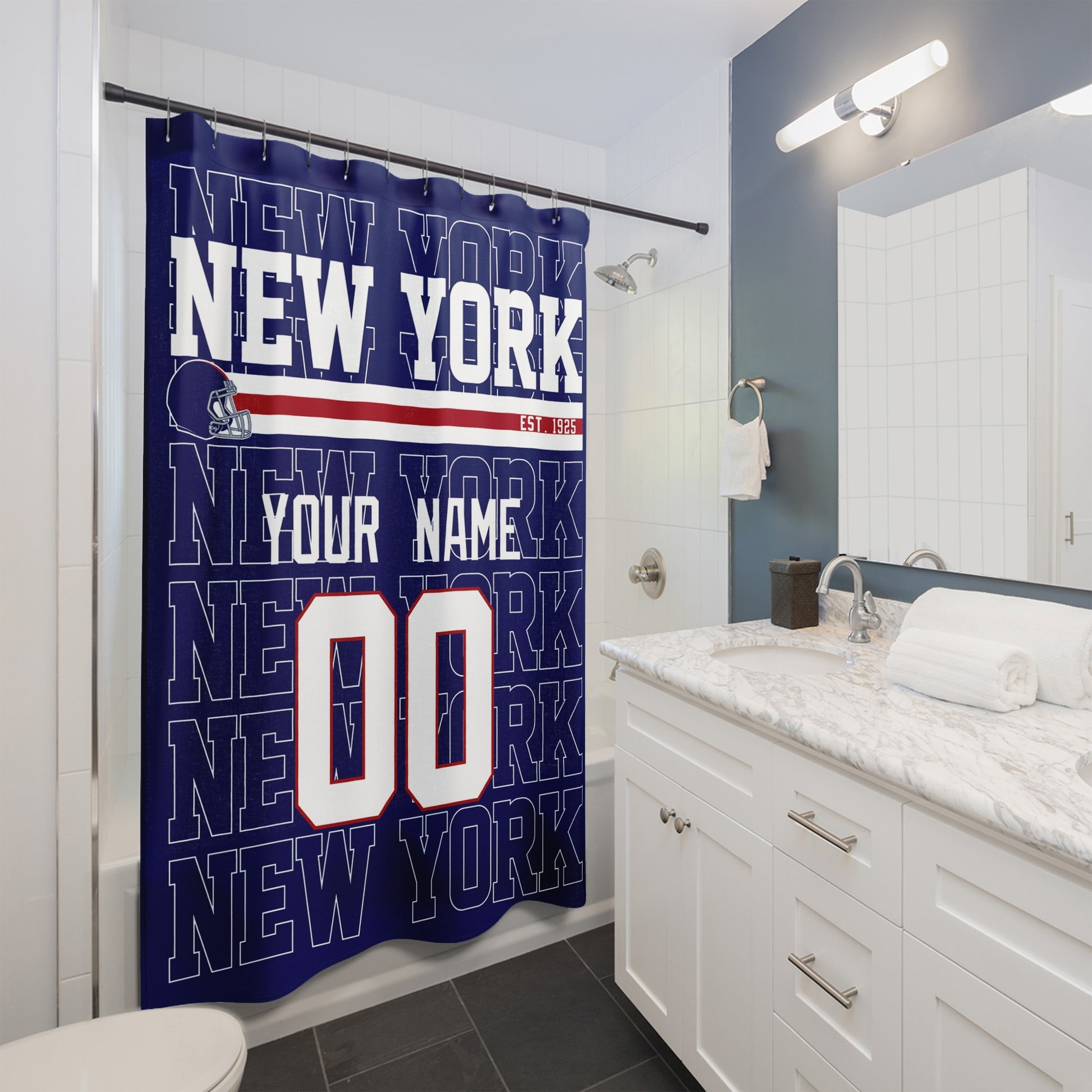Personalized New York Blue and Red football shower curtain with custom name and number hanging in a modern bathroom