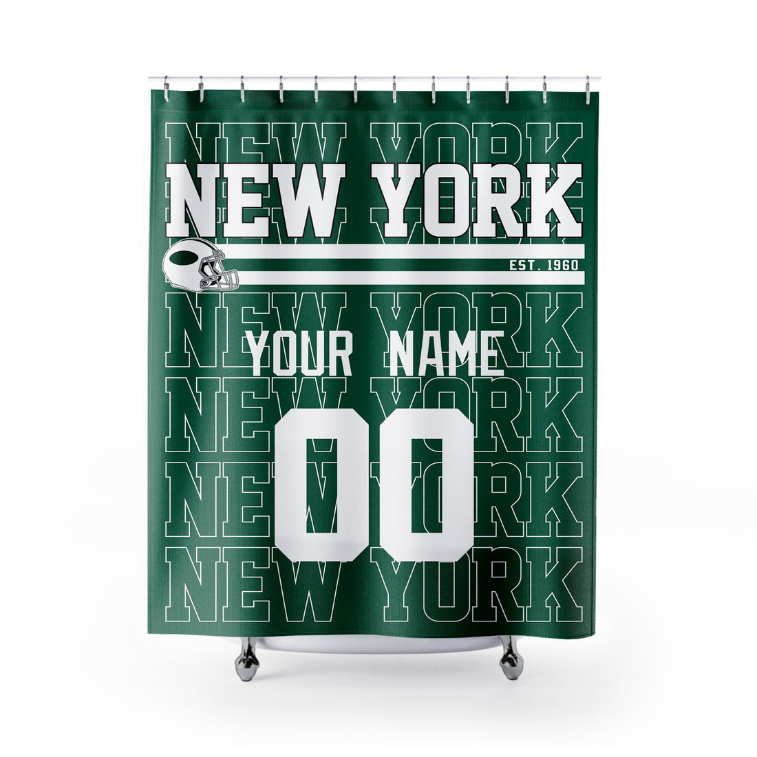Personalized New York Green and White football shower curtain in green white and gray colors with custom name and number on a white background