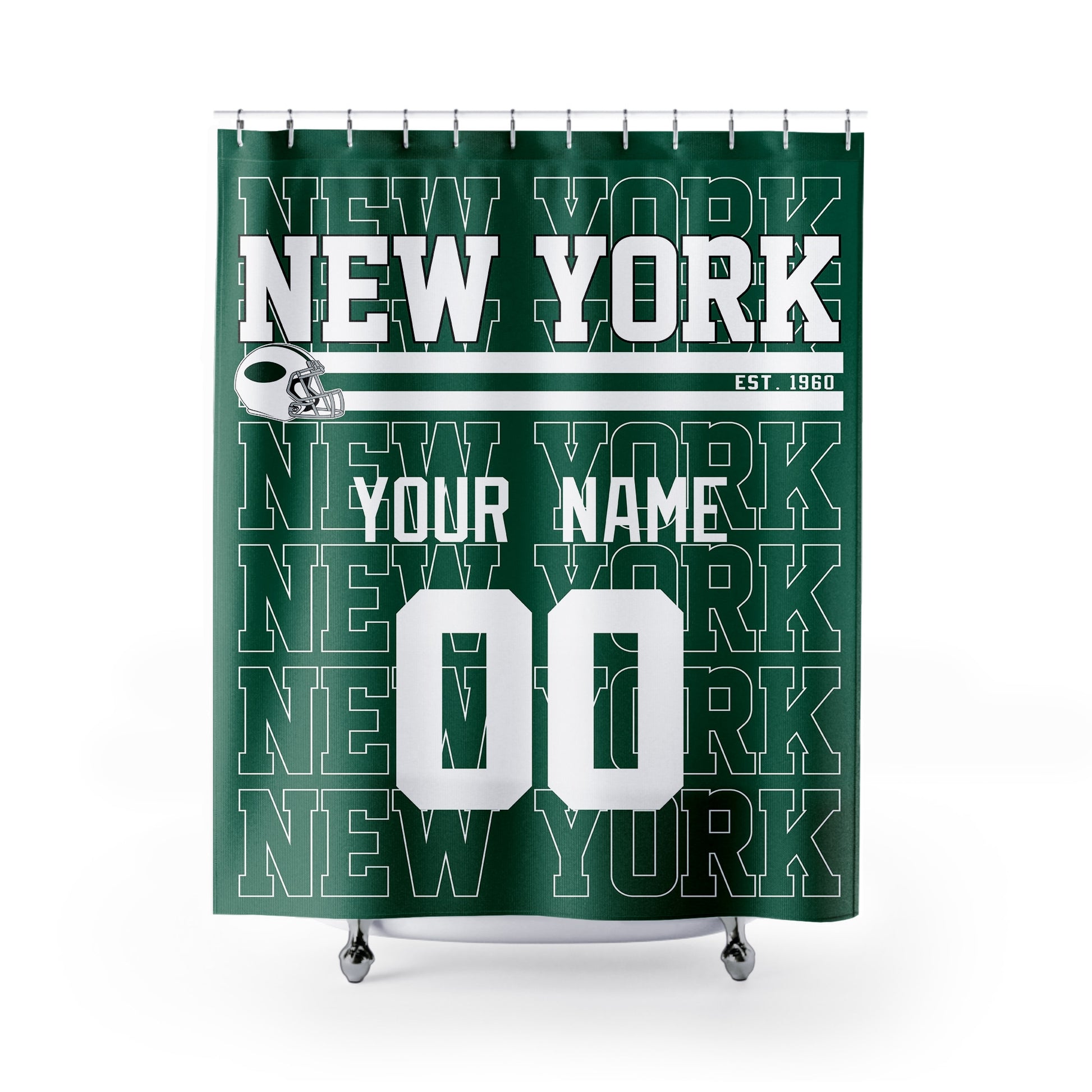 Personalized New York Green and White football shower curtain in green white and gray colors with custom name and number on a white background