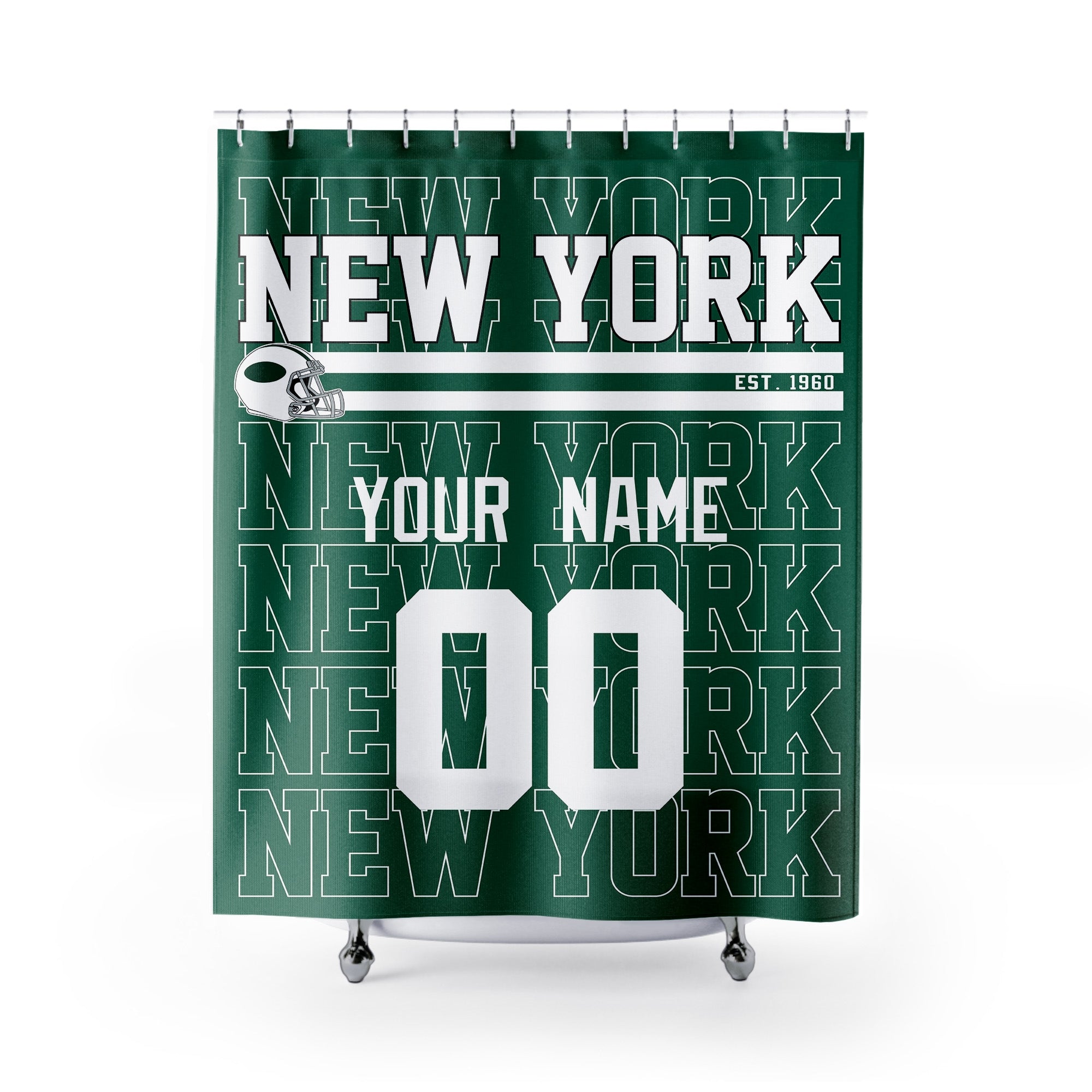 Personalized New York Green and White football shower curtain in green white and gray colors with custom name and number on a white background