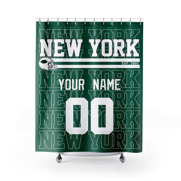 Personalized New York Green and White football shower curtain in green white and gray colors with custom name and number on a white background