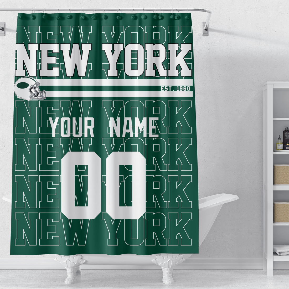 Personalized New York Green and White football shower curtain in green white and gray colors with custom name and number on a white background