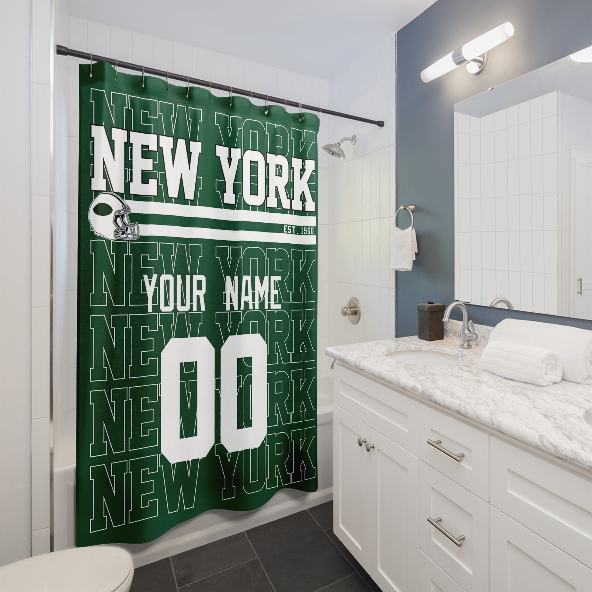Personalized New York Green and White football shower curtain with custom name and number hanging in a modern bathroom