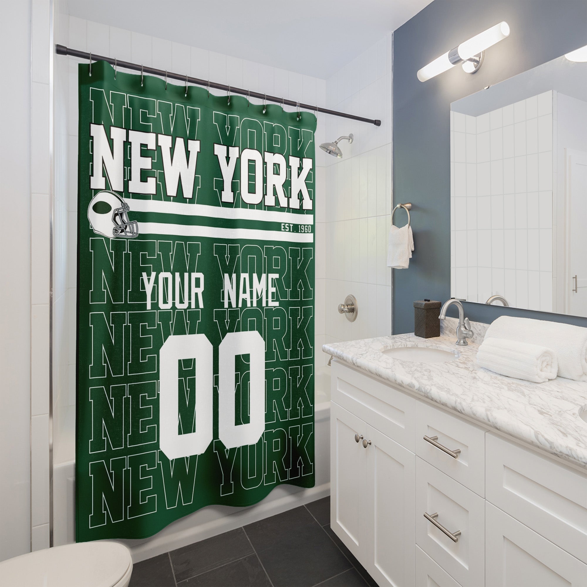 Personalized New York Green and White football shower curtain with custom name and number hanging in a modern bathroom