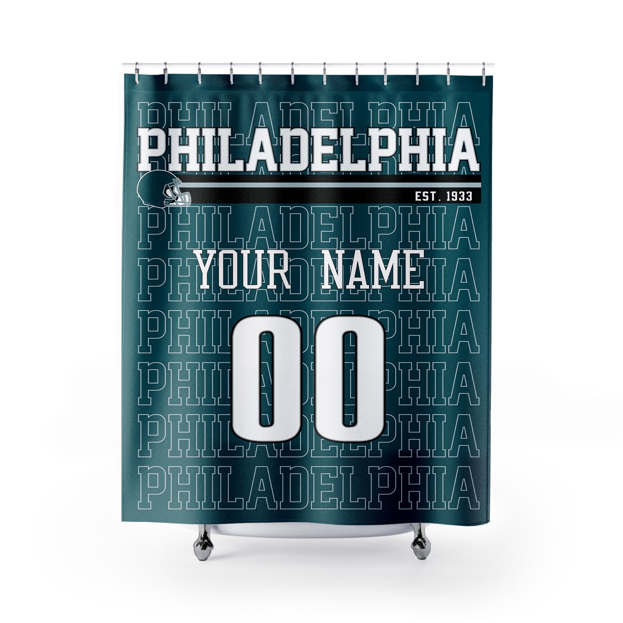 Personalized Philadelphia football shower curtain in midnight green silver and white colors with custom name and number on a white background