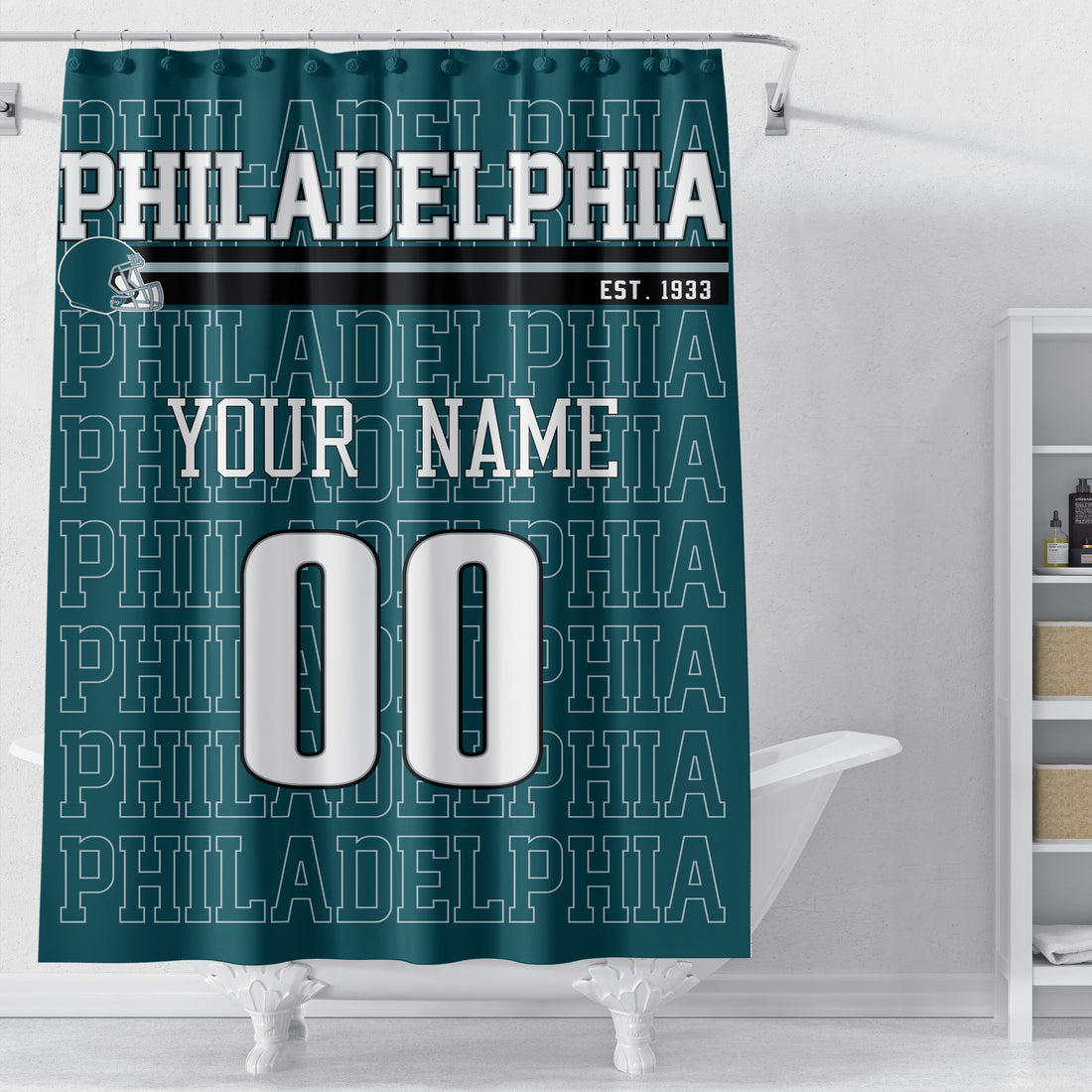 Personalized Philadelphia football shower curtain in midnight green silver and white colors with custom name and number on a white background