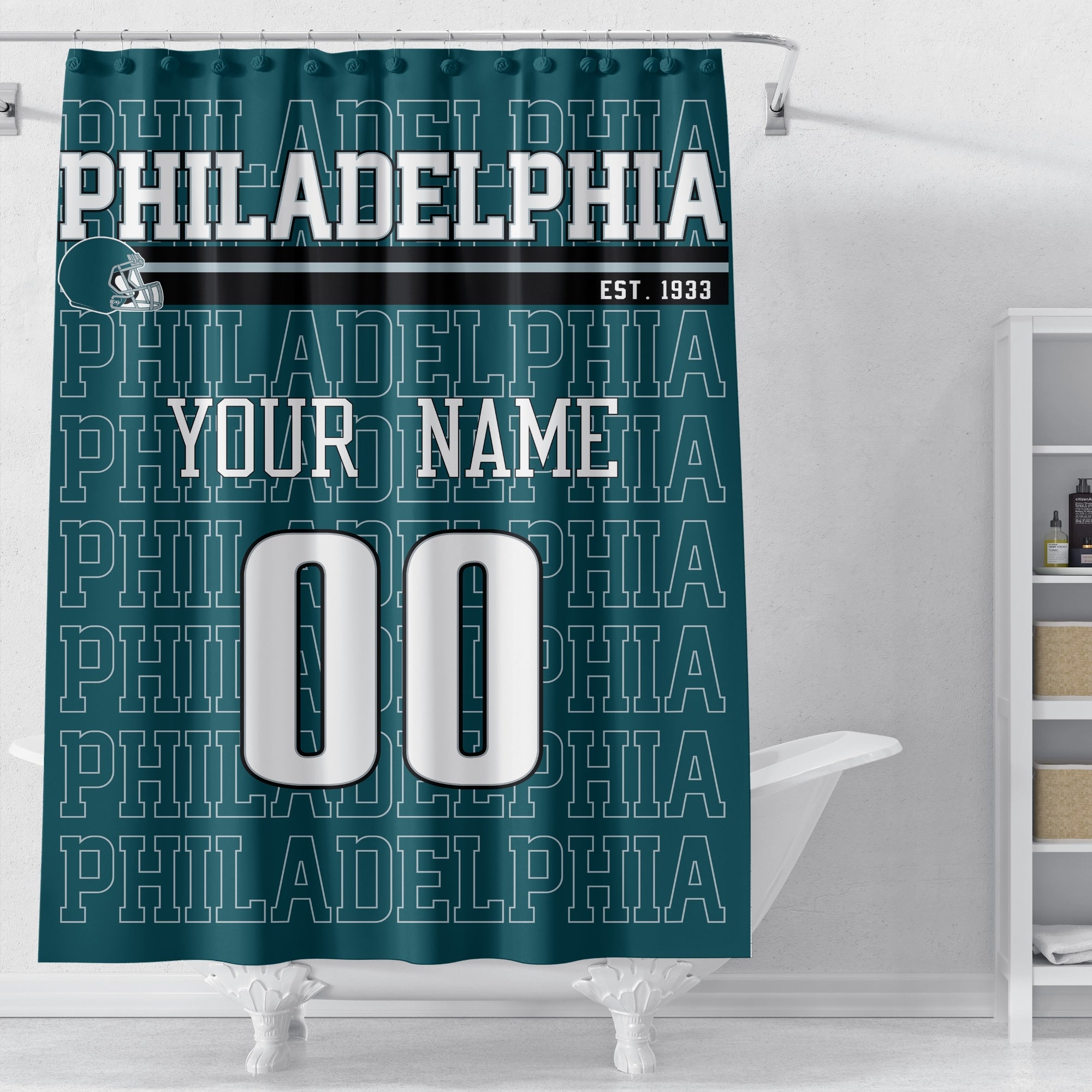 Personalized Philadelphia football shower curtain in midnight green silver and white colors displayed above a bathtub