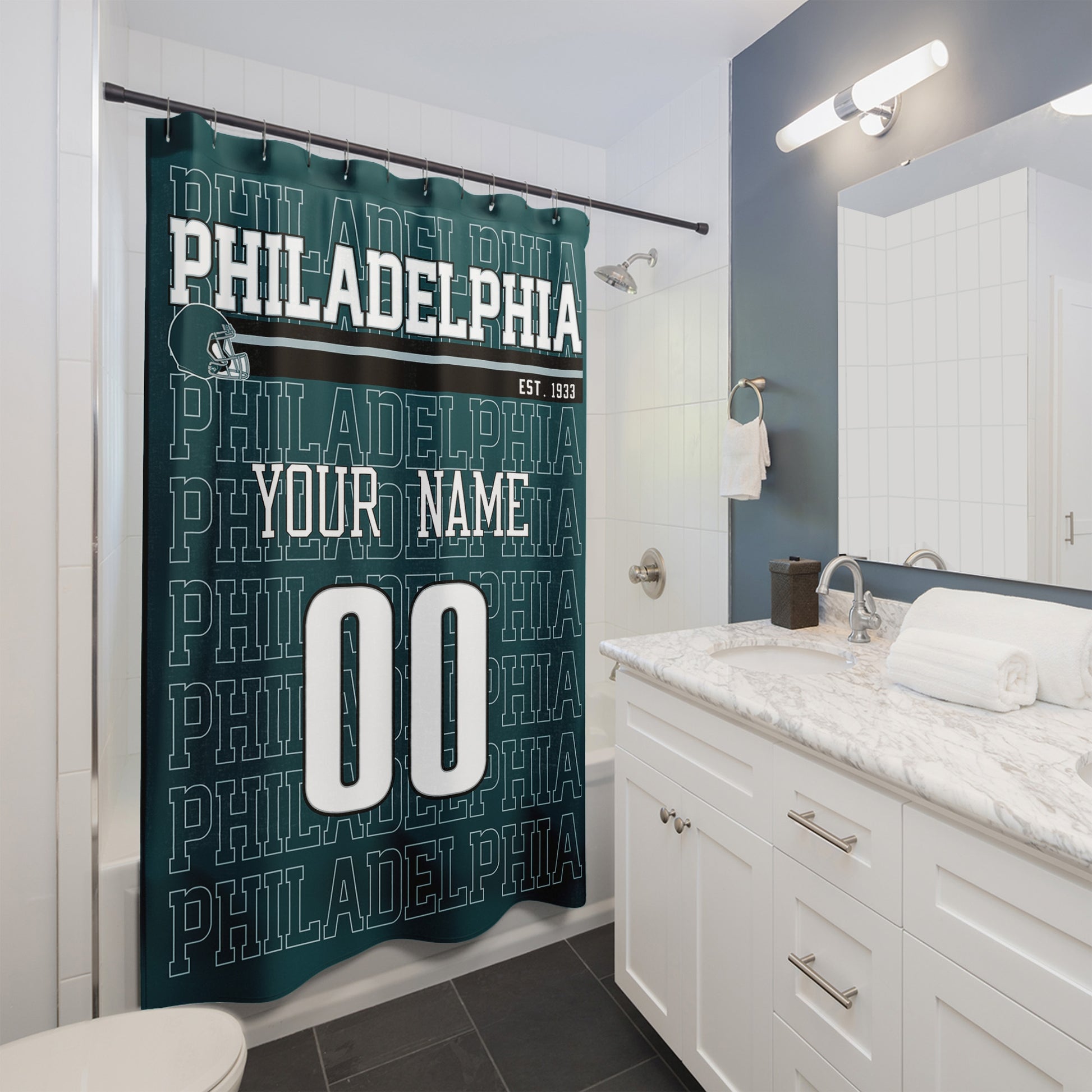 Personalized Philadelphia football shower curtain with custom name and number hanging in a modern bathroom