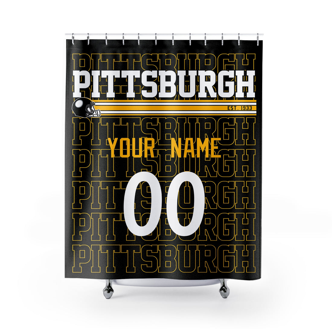 Personalized Pittsburgh football shower curtain in black gold and white colors with custom name and number on a white background