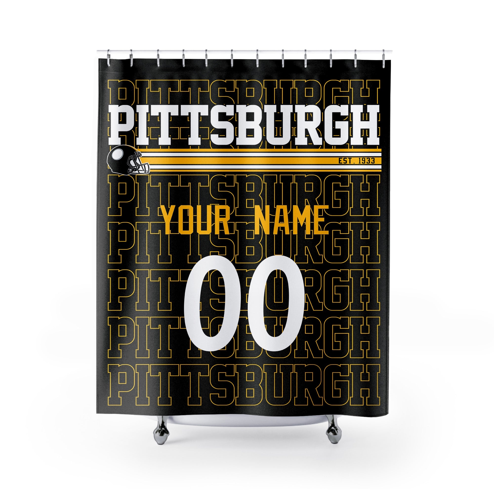 Personalized Pittsburgh football shower curtain in black gold and white colors with custom name and number on a white background