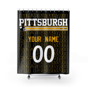 Personalized Pittsburgh football shower curtain in black gold and white colors with custom name and number on a white background