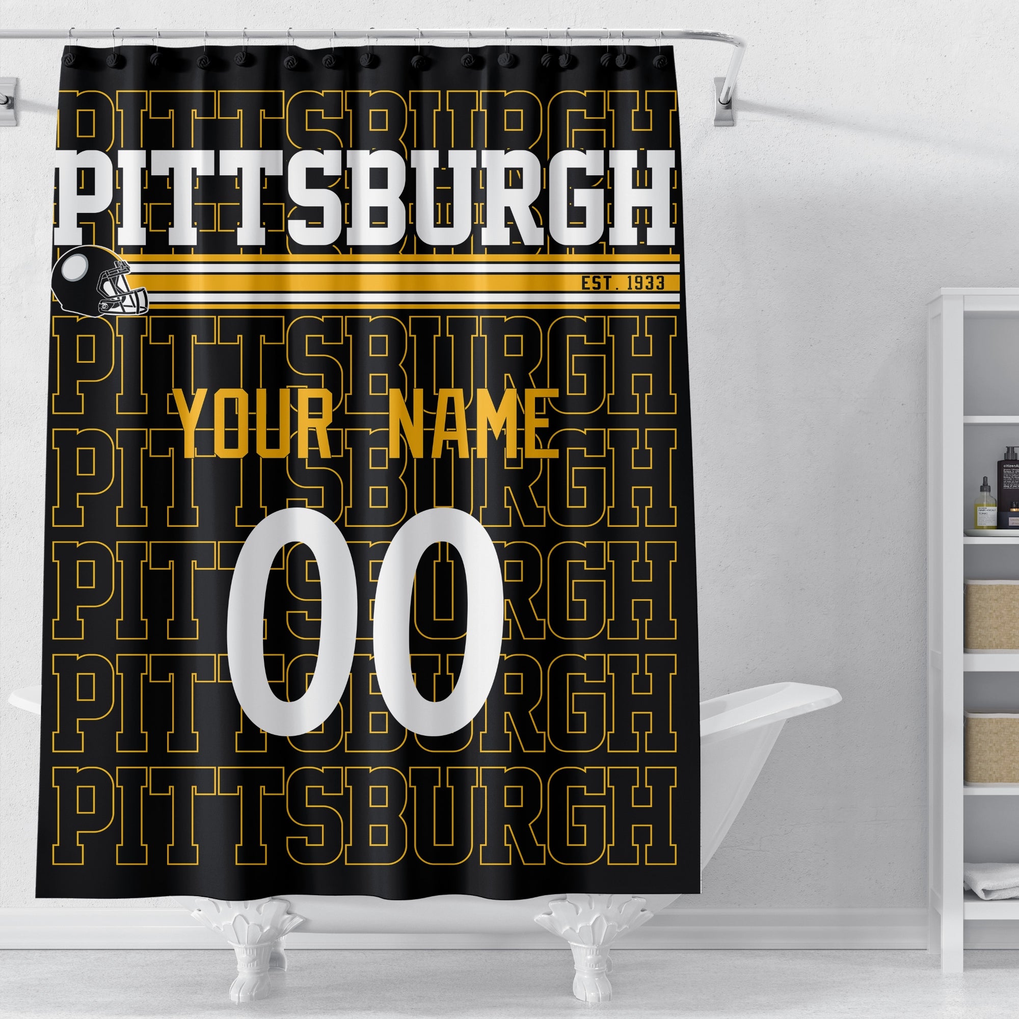 Personalized Pittsburgh football shower curtain in black gold and white colors displayed above a bathtub