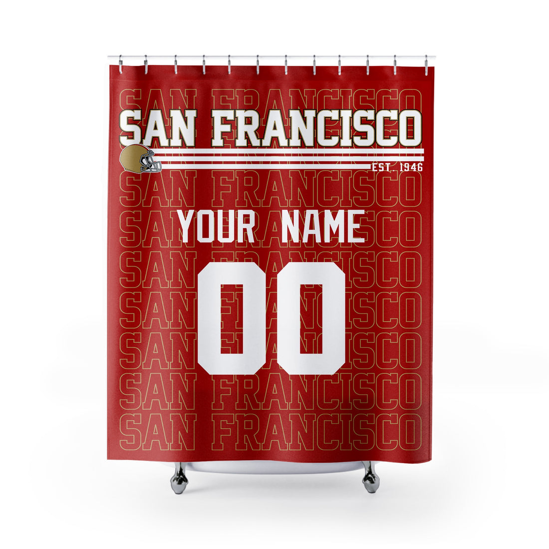 Personalized San Francisco football shower curtain in scarlet red gold and white colors with custom name and number on a white background