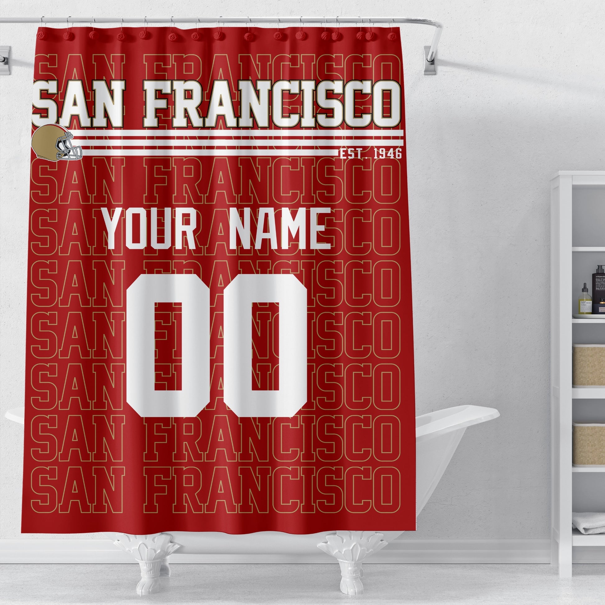 Personalized San Francisco football shower curtain in scarlet red gold and white colors displayed above a bathtub