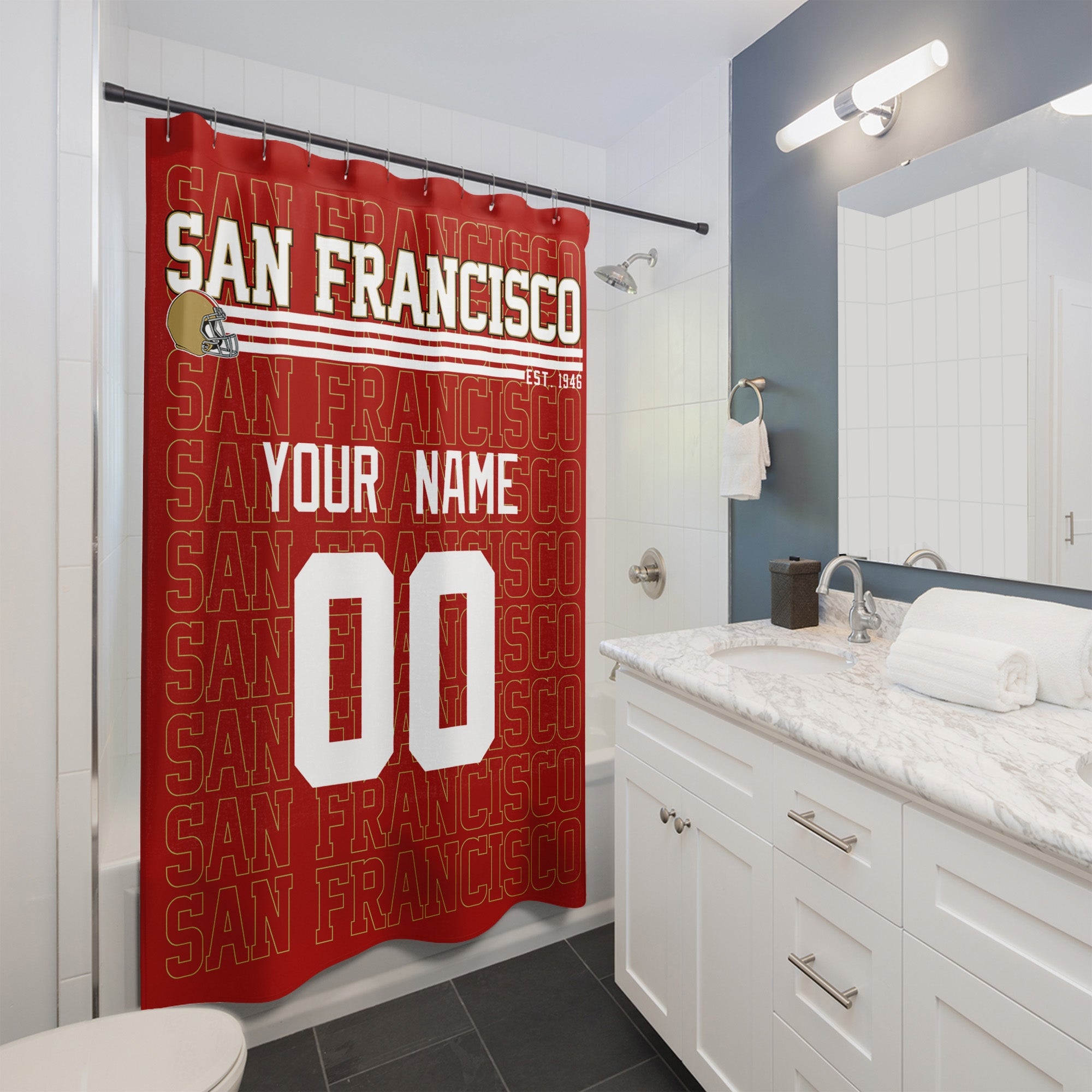 Personalized San Francisco football shower curtain with custom name and number hanging in a modern bathroom