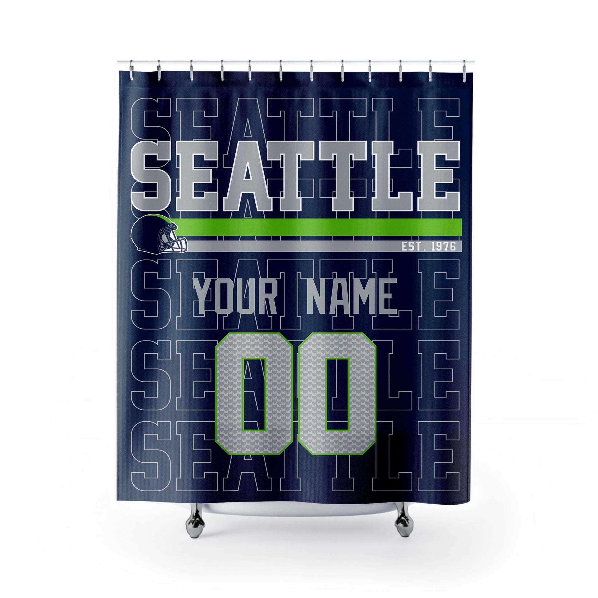 Personalized Seattle football shower curtain in navy green and gray colors with custom name and number on a white background