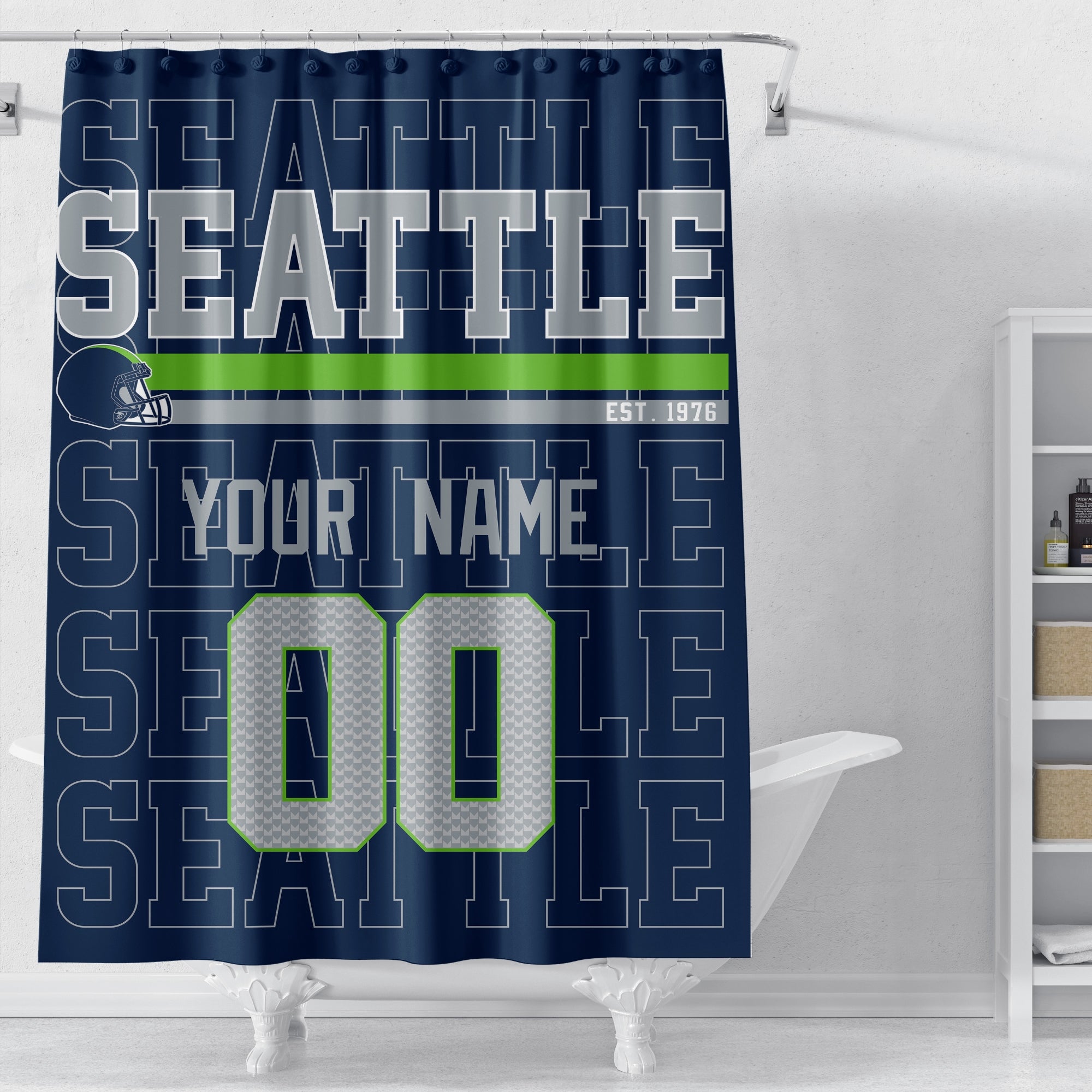 Personalized Seattle football shower curtain in navy green and gray colors displayed above a bathtub