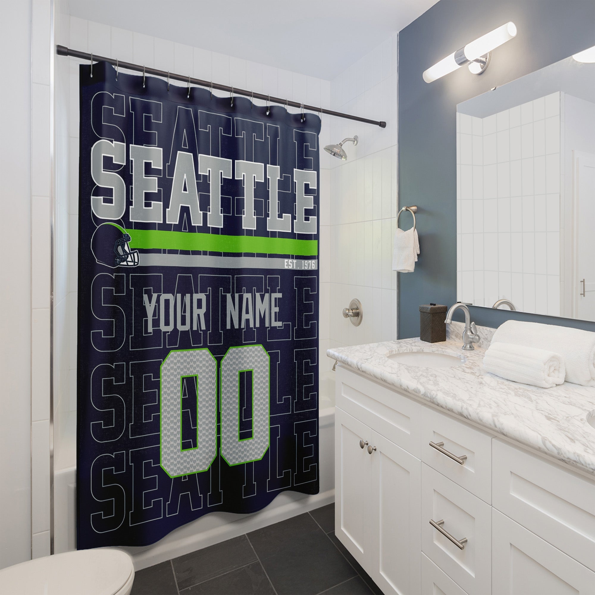 Personalized Seattle football shower curtain with custom name and number hanging in a modern bathroom