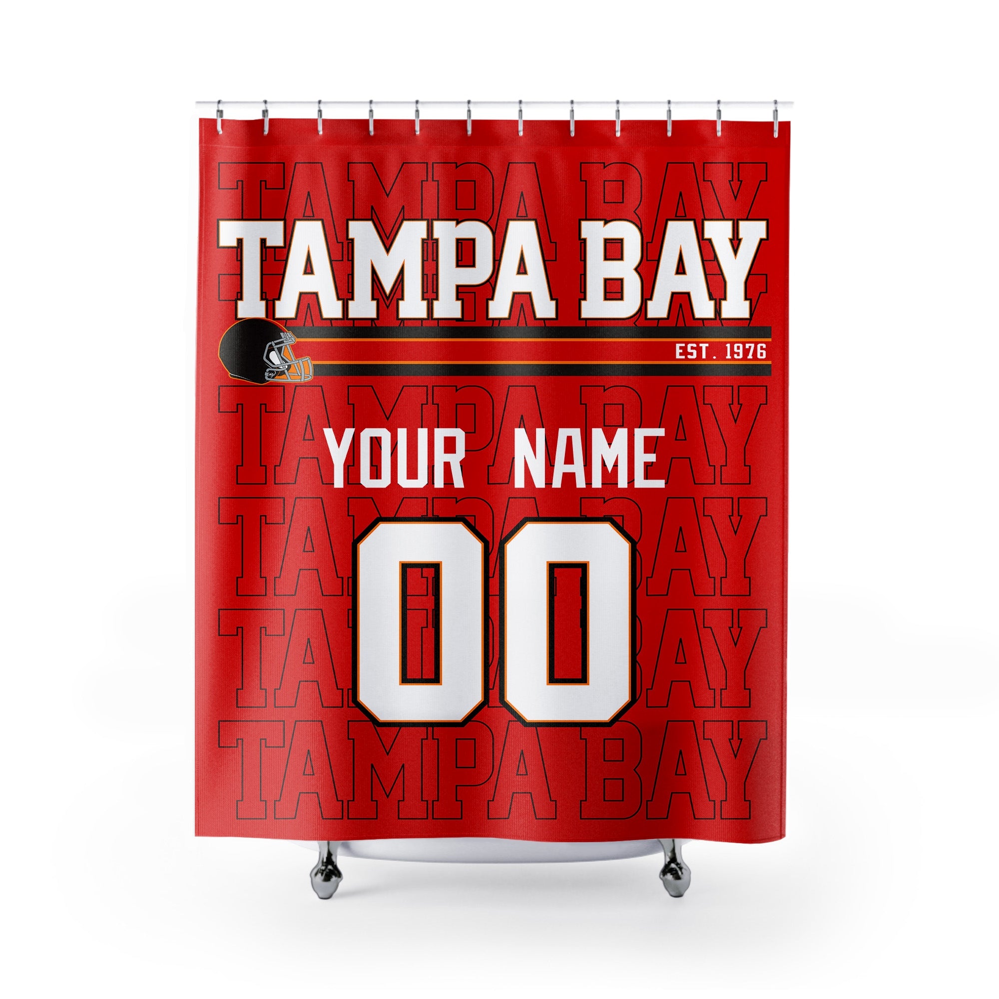 Personalized Tampa Bay football shower curtain in red black and white colors with custom name and number on a white background
