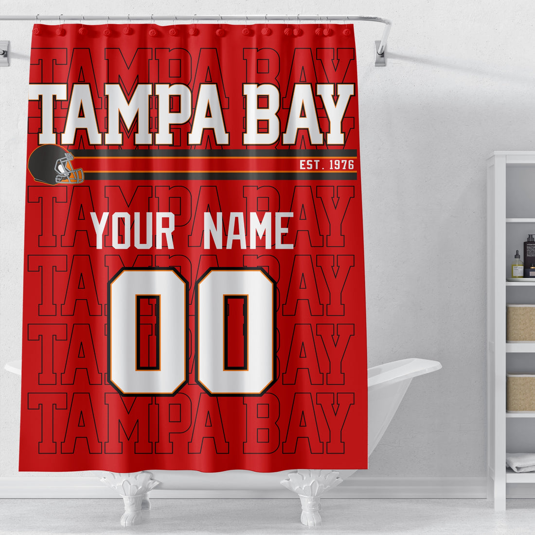 Personalized Tampa Bay football shower curtain in red black and white colors with custom name and number on a white background