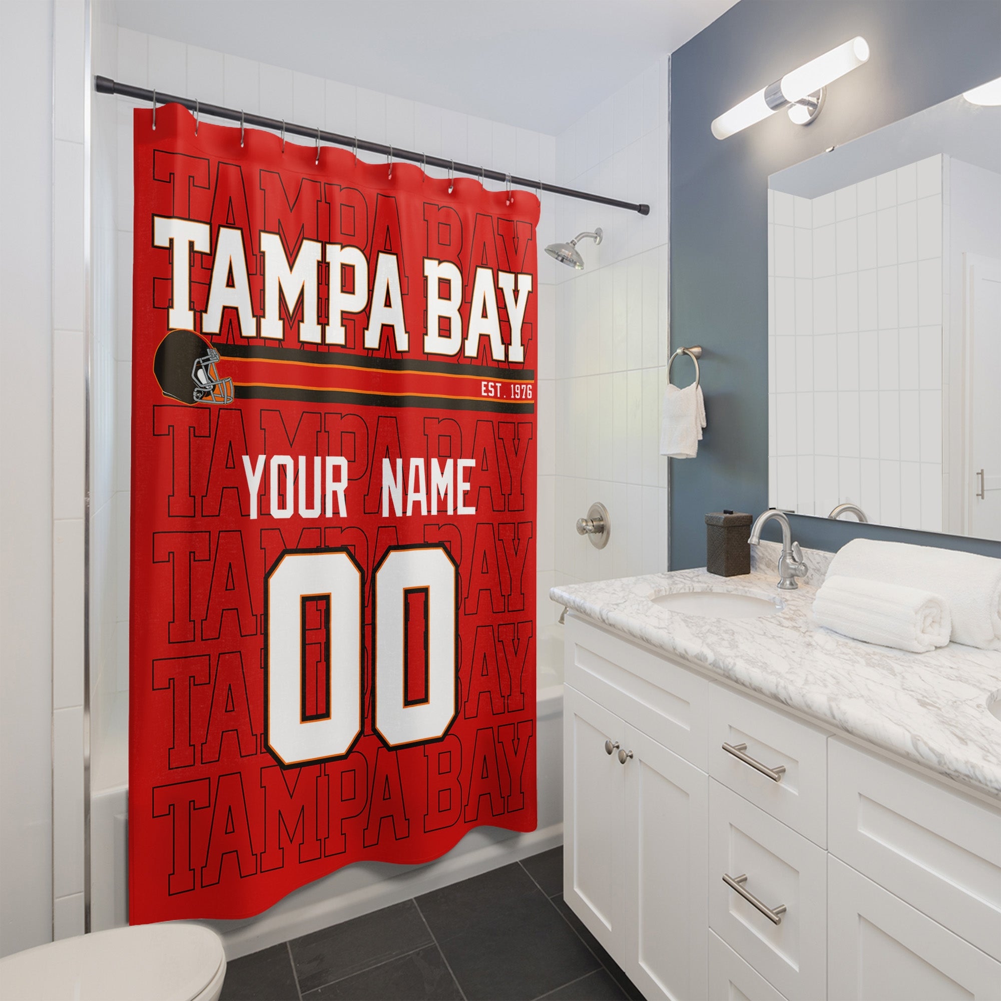 Personalized Tampa Bay football shower curtain with custom name and number hanging in a modern bathroom