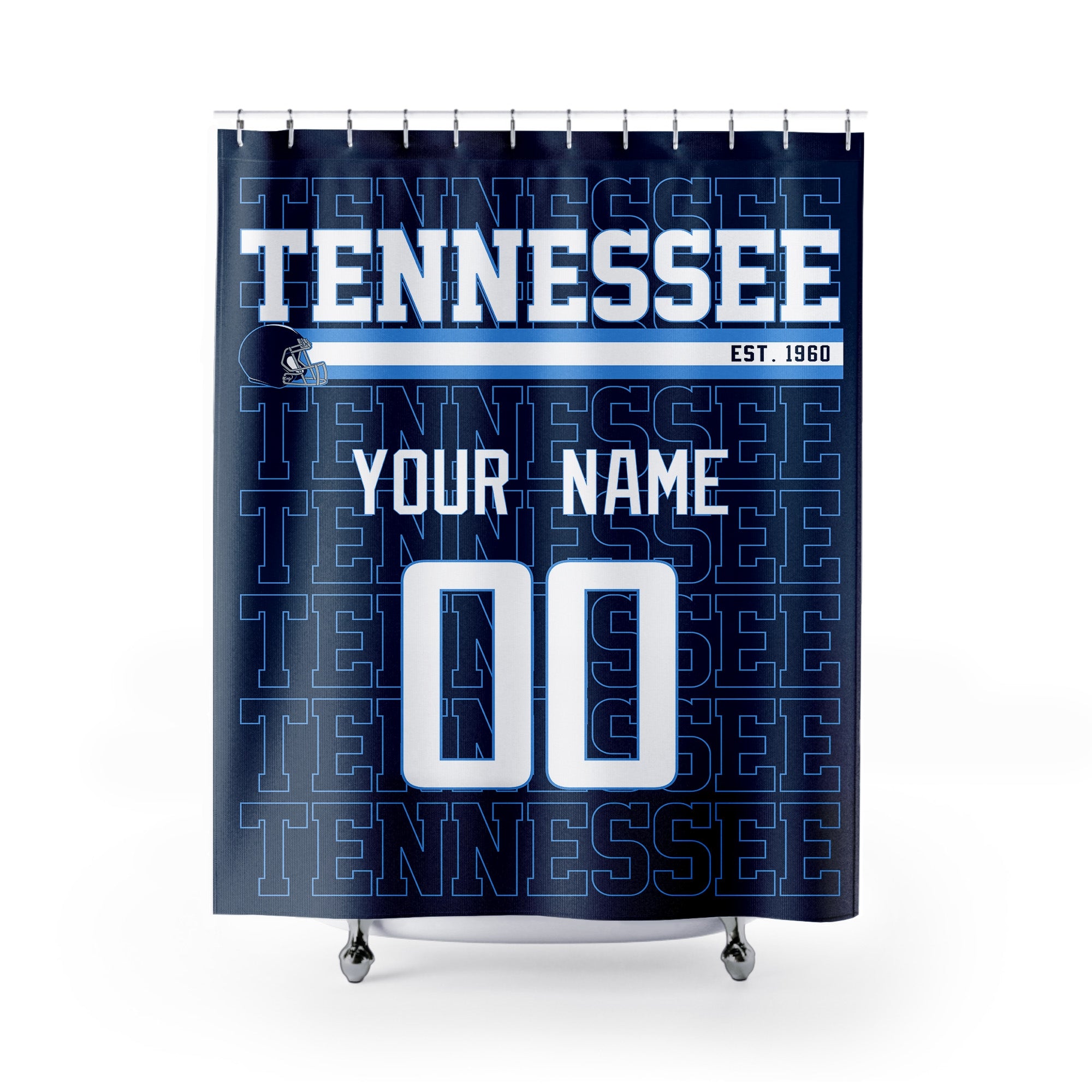 Personalized Tennessee football shower curtain in navy light blue and white colors with custom name and number on a white background