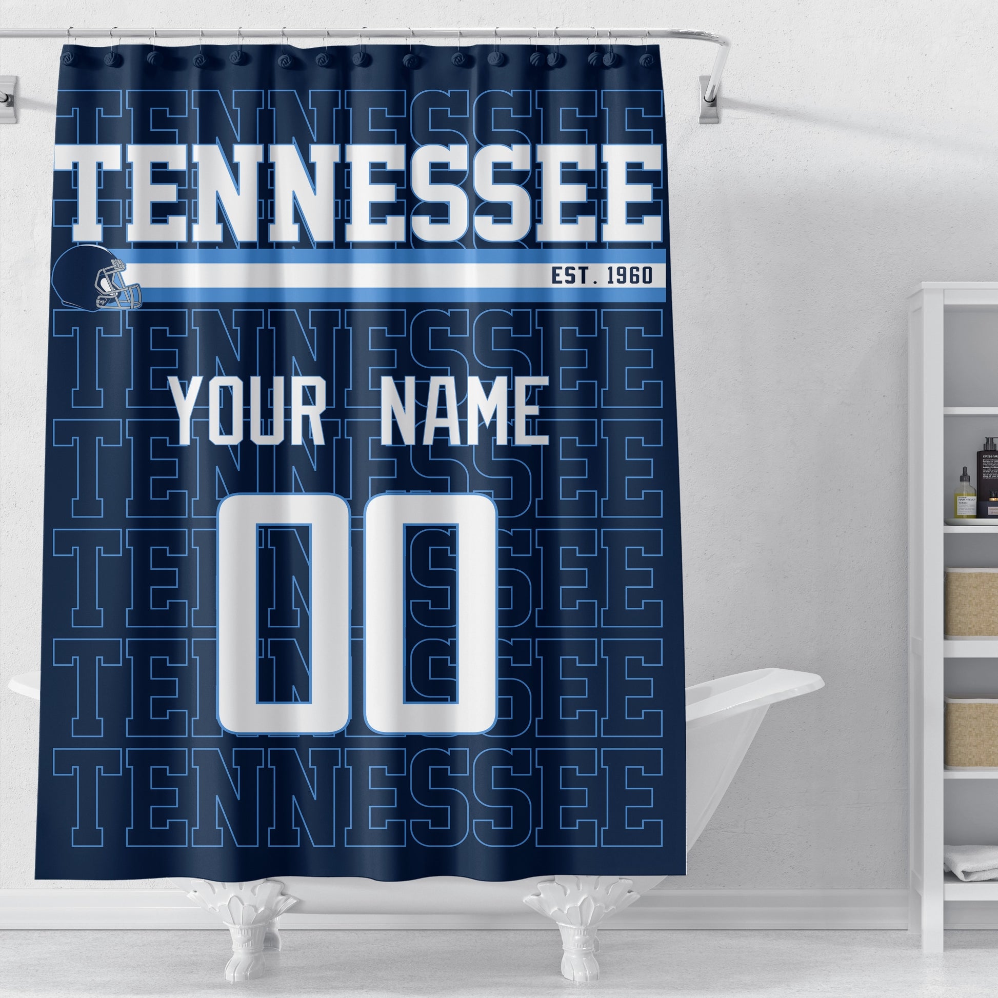 Personalized Tennessee football shower curtain in navy light blue and white colors displayed above a bathtub