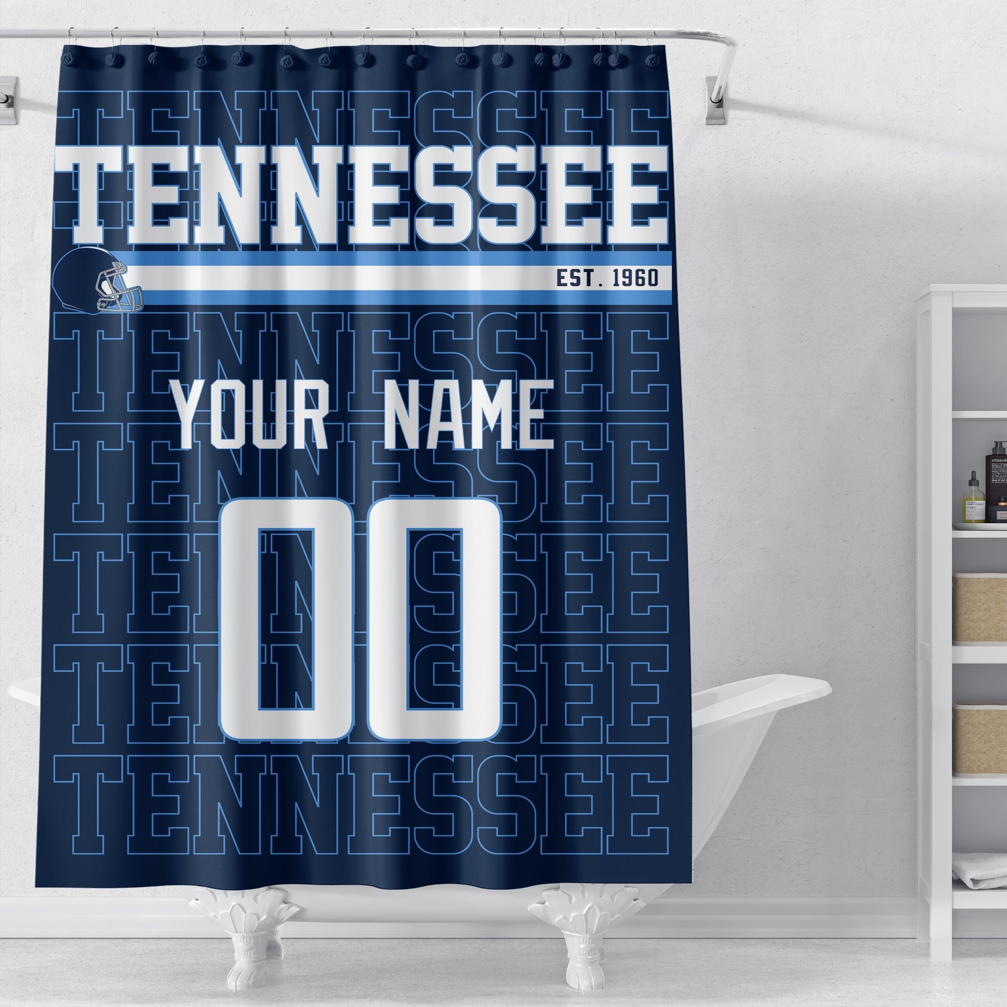 Personalized Tennessee football shower curtain in navy light blue and white colors displayed above a bathtub