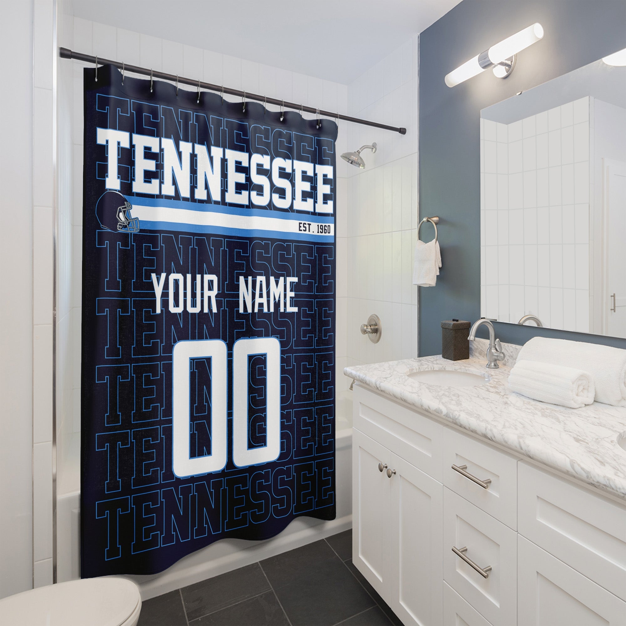 Personalized Tennessee football shower curtain with custom name and number hanging in a modern bathroom