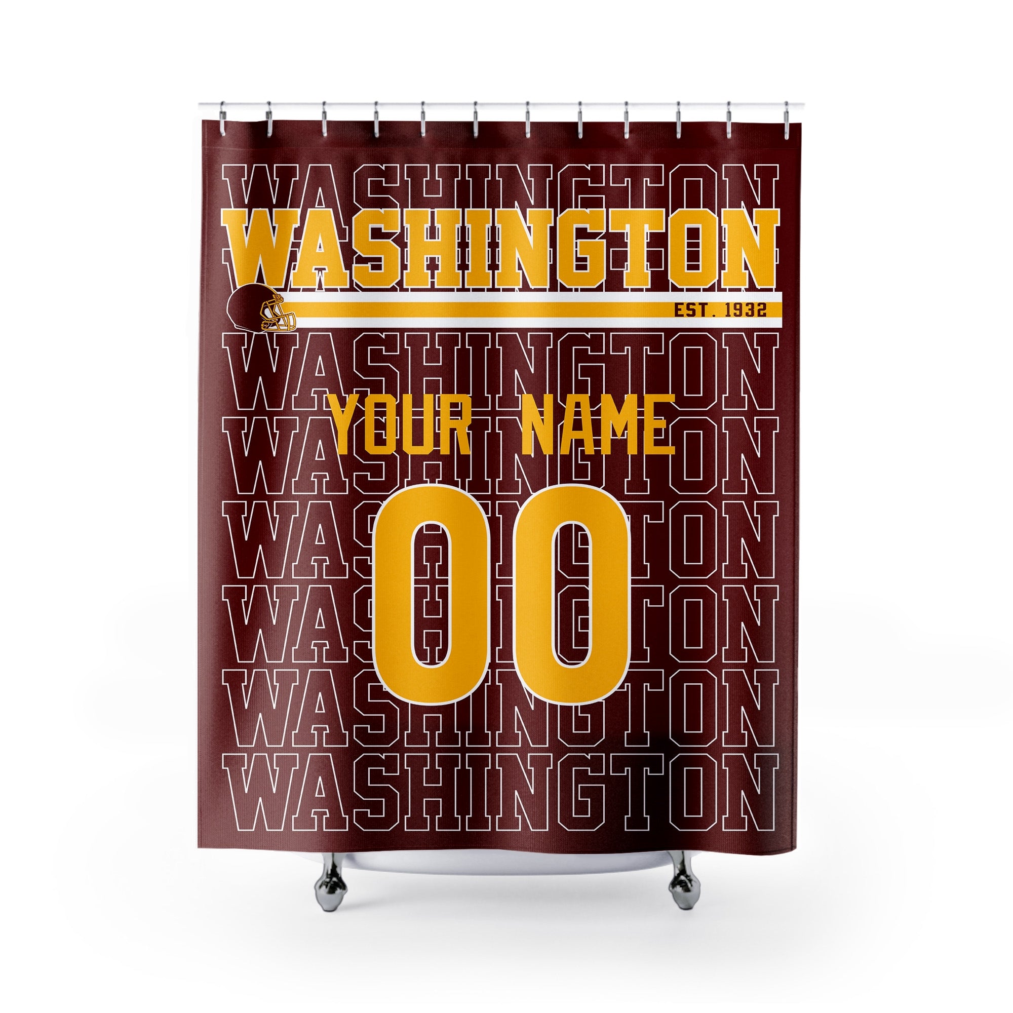 Personalized Washington football shower curtain in burgundy gold and white colors with custom name and number on a white background