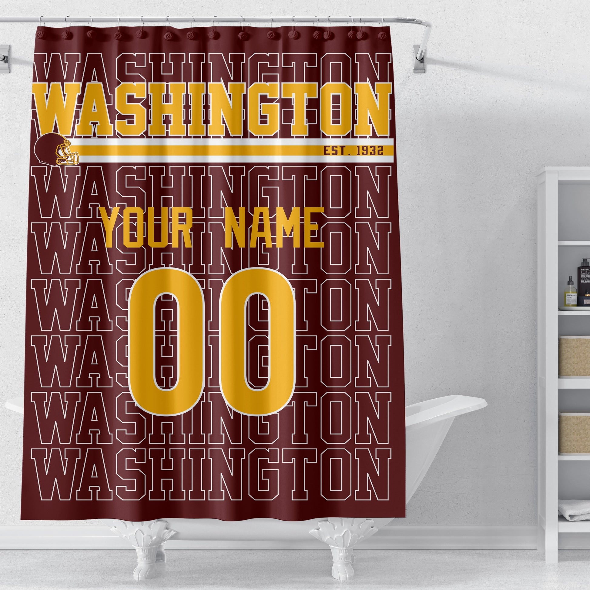 Personalized Washington football shower curtain in burgundy gold and white colors displayed above a bathtub