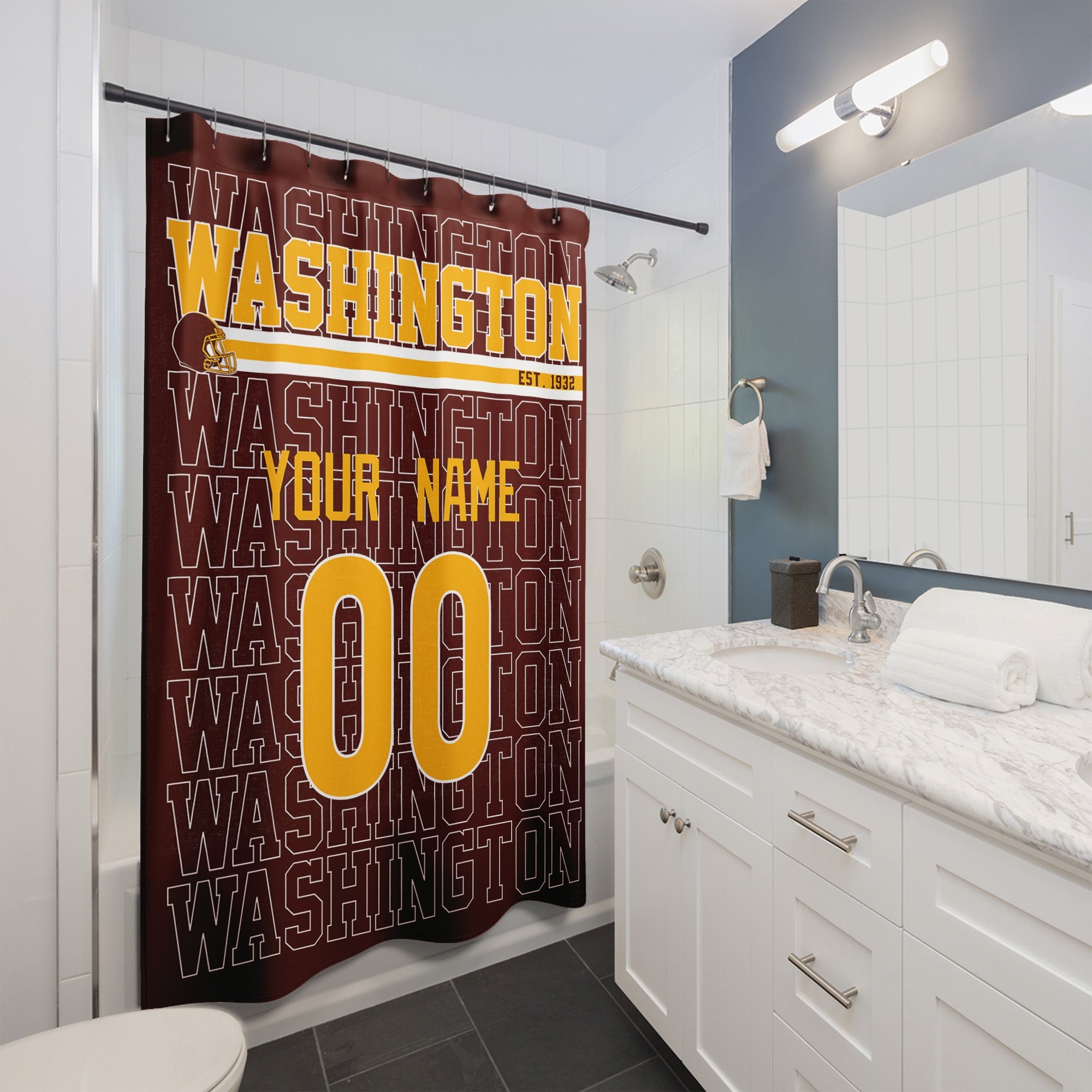 Personalized Washington football shower curtain with custom name and number hanging in a modern bathroom