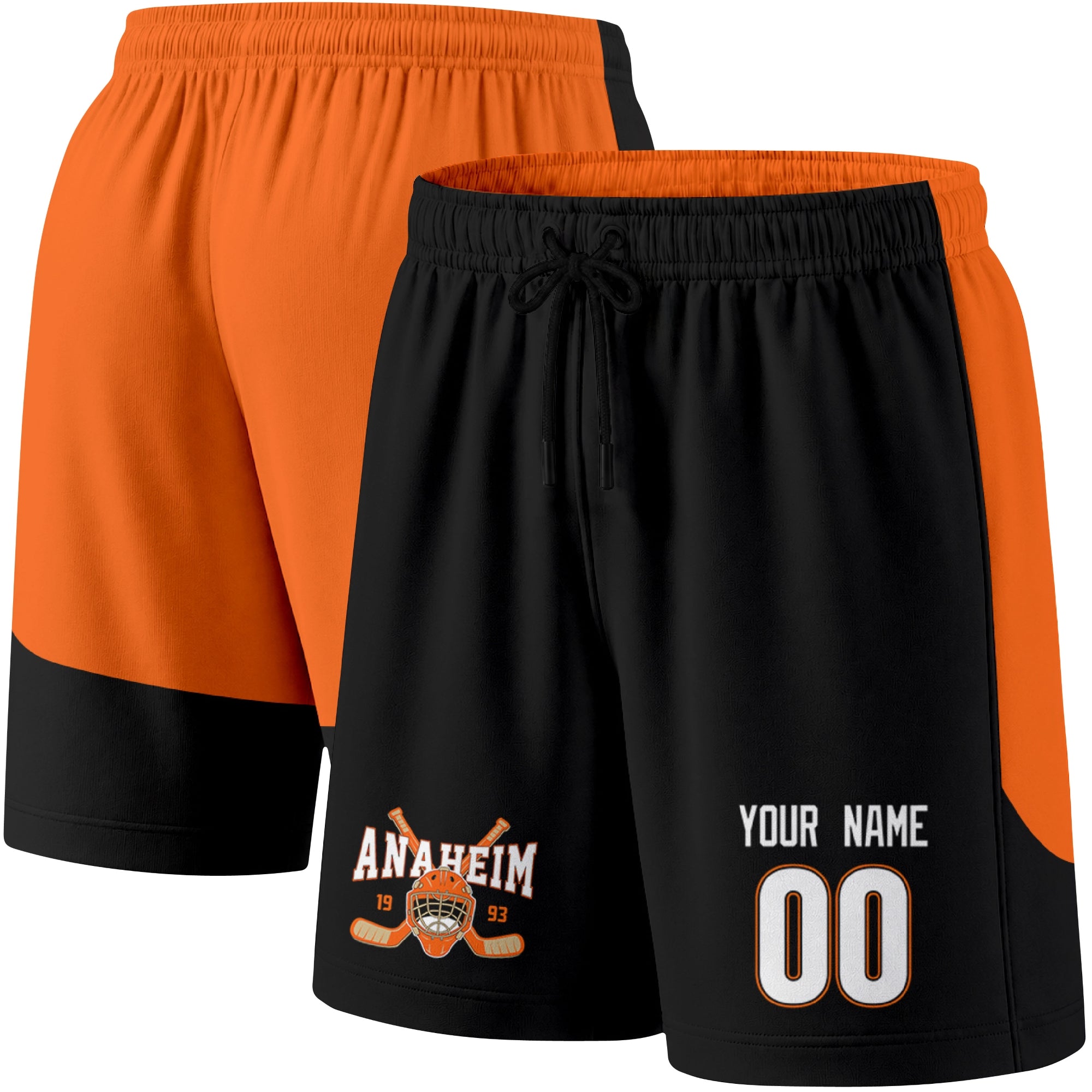 Black color variation hockey athletic shorts shown from front and back angle with elastic waistband and drawstring detail
