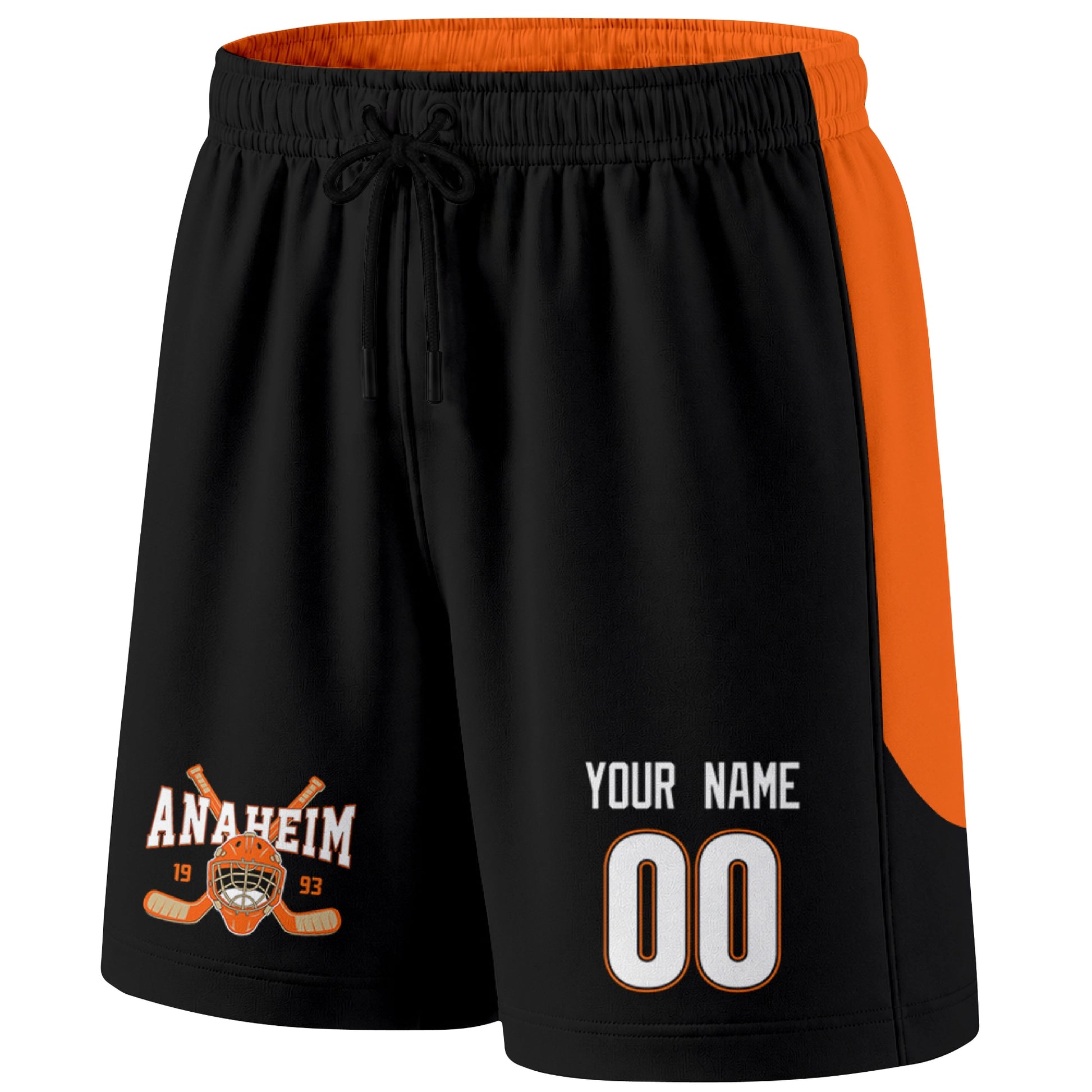 Black Anaheim-inspired hockey shorts front view with custom name and number print and hockey logo graphic
