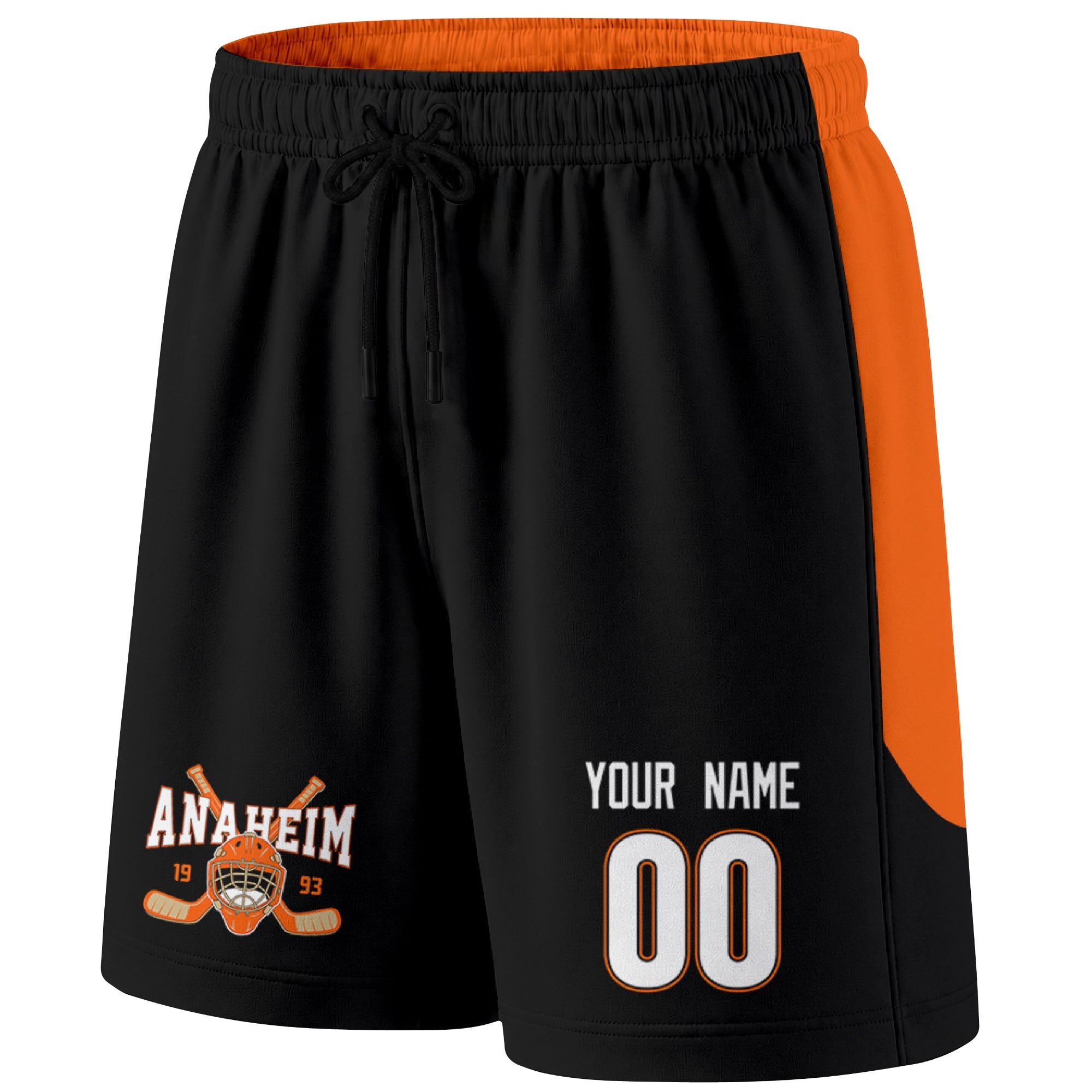 Black Anaheim-inspired hockey shorts front view with custom name and number print and hockey logo graphic