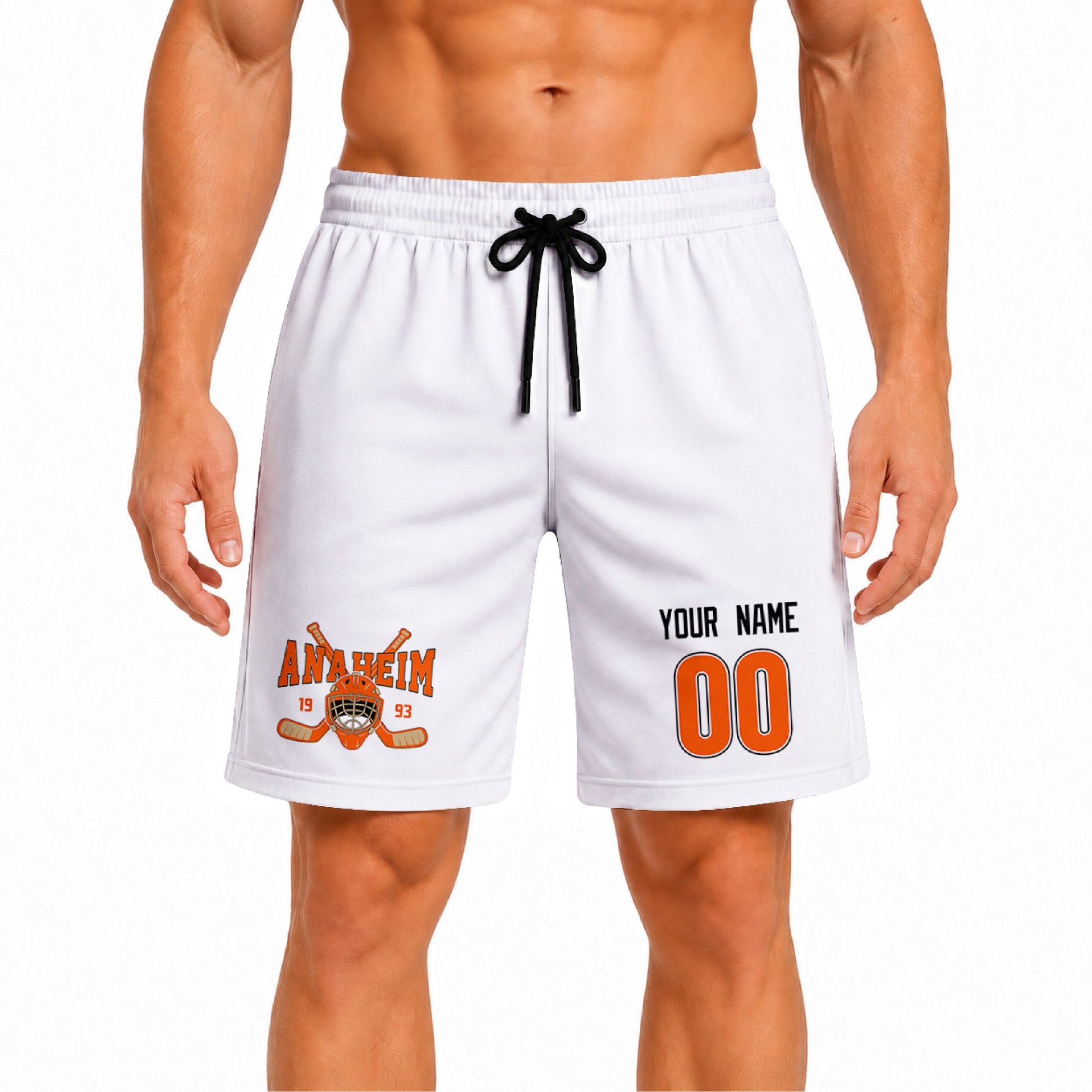 White Anaheim-inspired hockey athletic shorts front view worn by male model, showcasing custom name, number, and team graphic