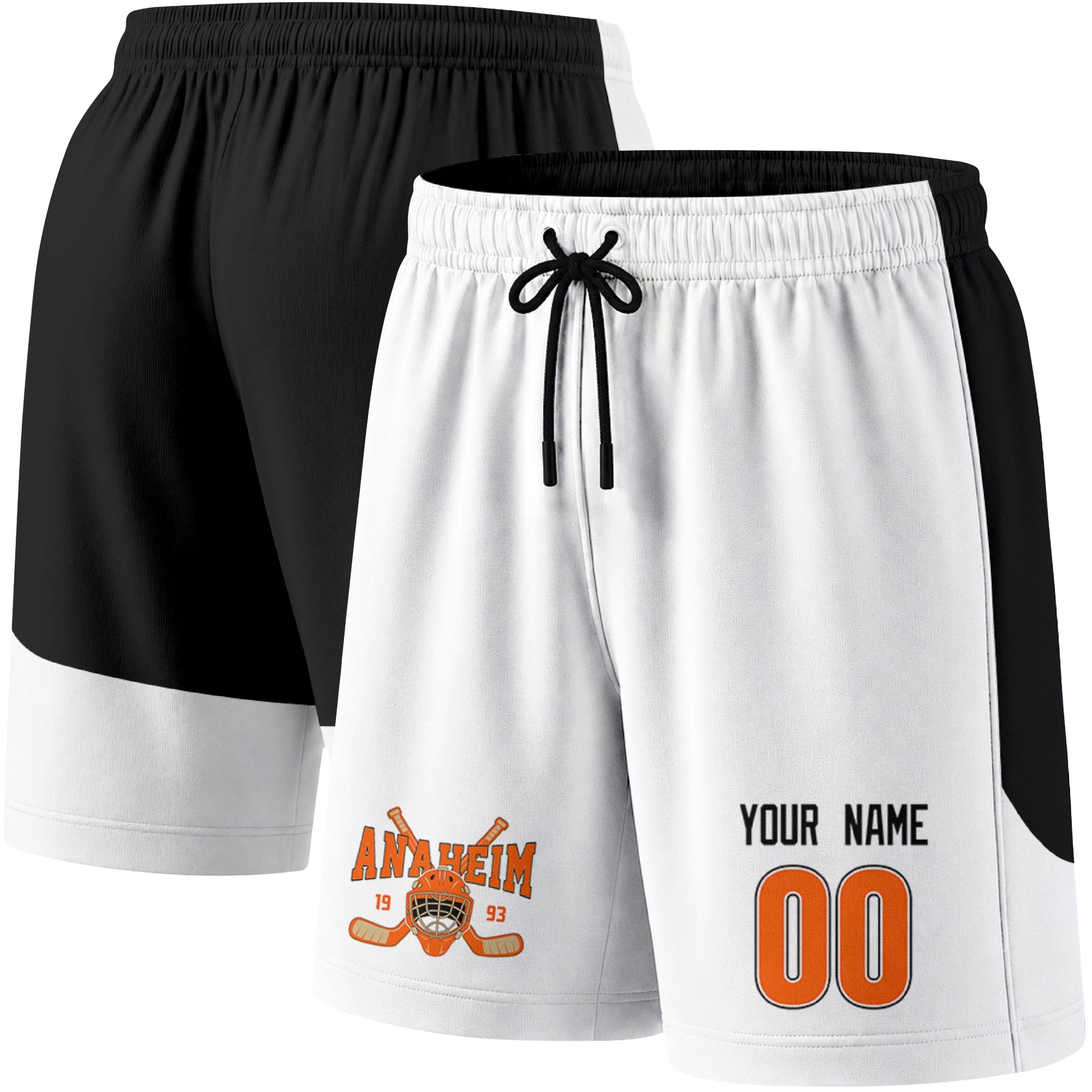 White color variation hockey athletic shorts shown from front and back angle with elastic waistband and drawstring detail