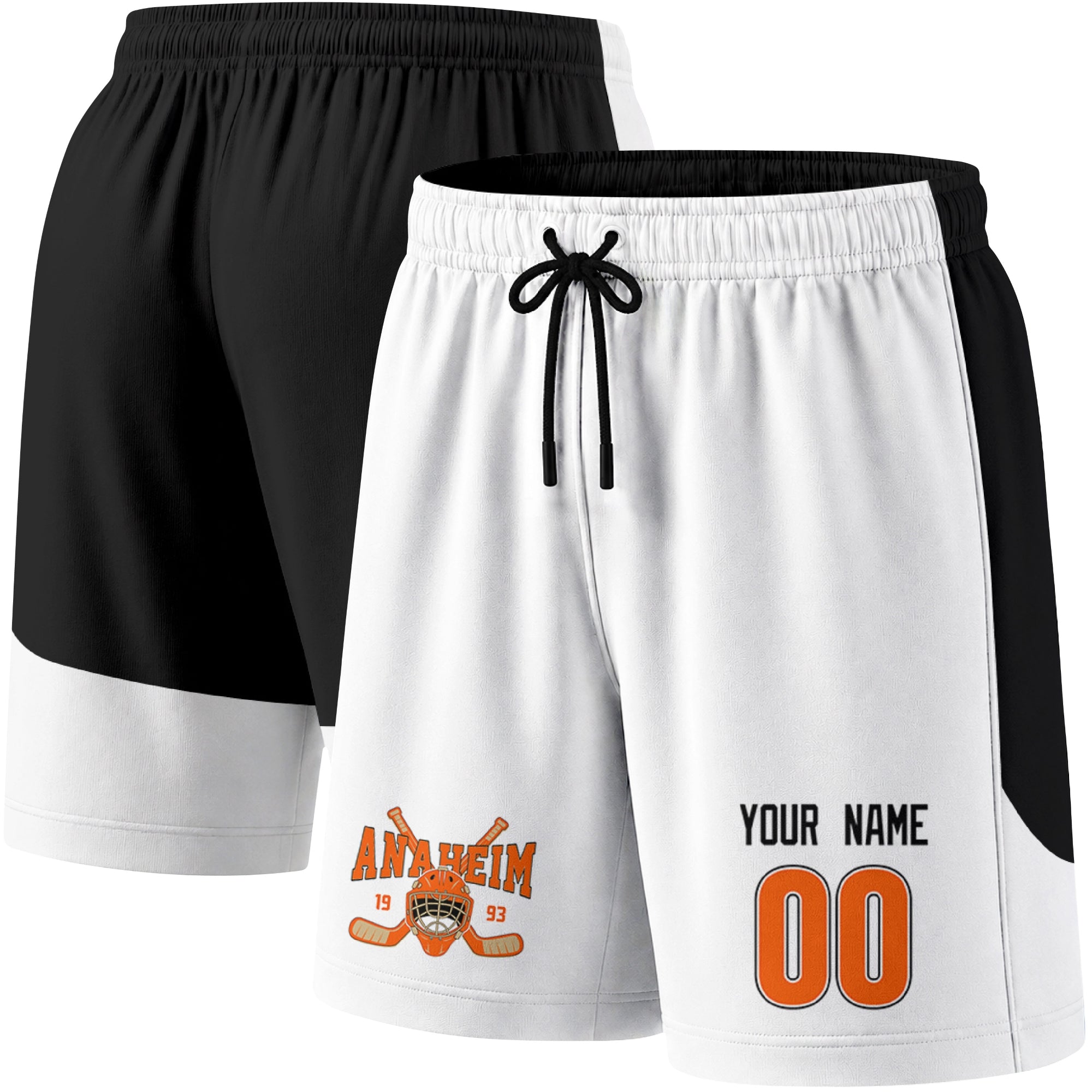 White color variation hockey athletic shorts shown from front and back angle with elastic waistband and drawstring detail