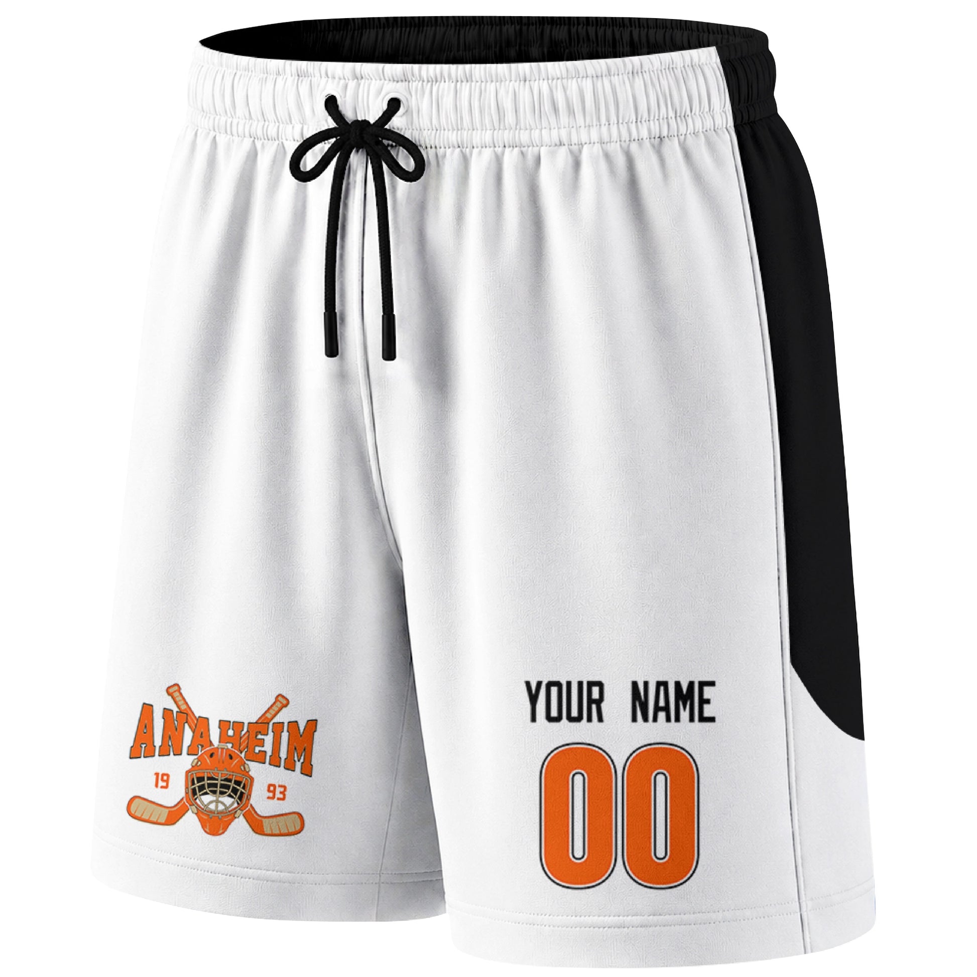 White Anaheim-inspired hockey shorts front view with custom name and number print and hockey logo graphic
