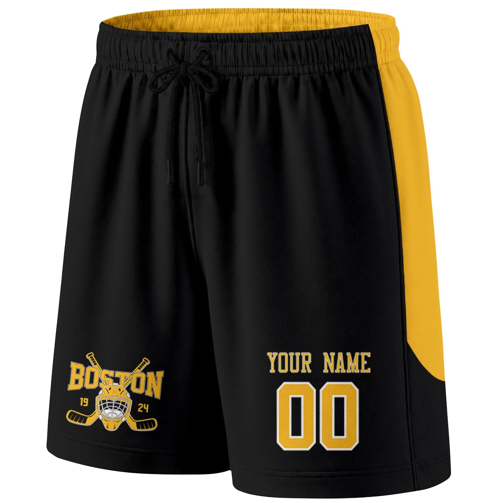 Black Boston-inspired hockey shorts front view with custom name and number print and hockey logo graphic